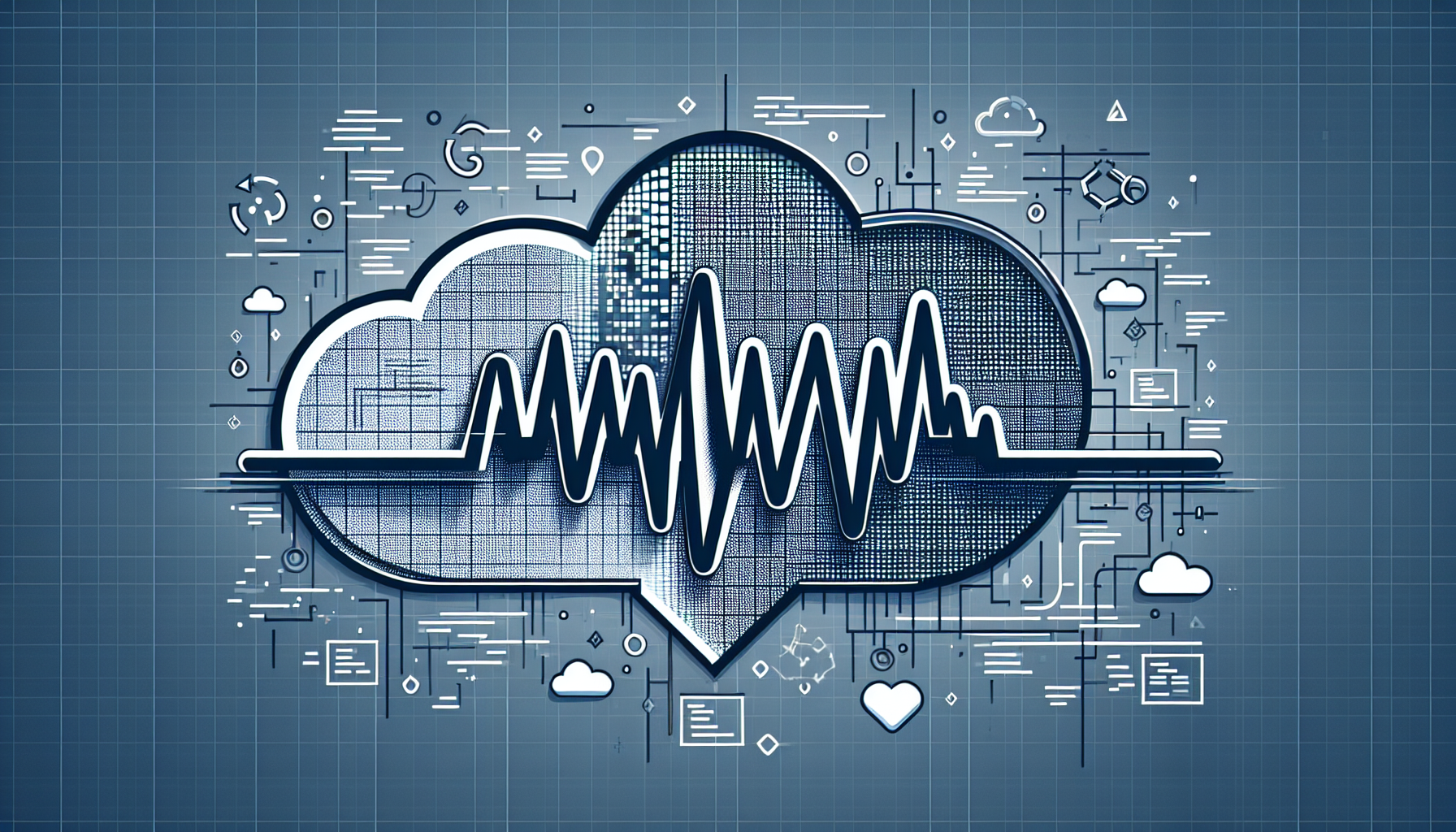 Illustrate a conceptual image showcasing the process of optimizing a website's performance. The image should depict a stylized version of a heartbeat pattern, implying the Heartbeat API's operations. The pattern transitions from erratic pulses at one end to a smooth, regular rhythm at the other to symbolize optimized performance. Pair this with abstract representations of coding symbols and icons such as curly braces, angle brackets, or code snippets within a pixelated cloud to signify online cloud systems or hosting. The image should be minimalist, sleek, and abstract to maintain a focus on the concept without featuring any brands or people.