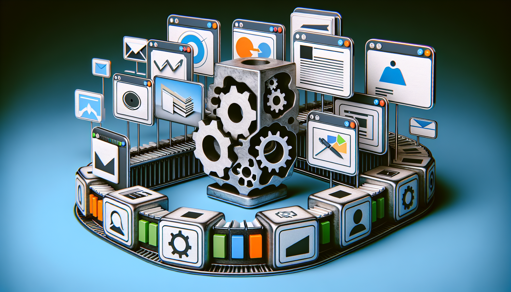 An image representing the concept of dynamically generating a sitemap XML for custom post types in a generic content management system. Without individuals or text present, visualize the process as an abstract representation. Show a grid of various types of content pieces - a photo, a piece of text, an audio file, and a video file. These content types are driven into a computer. Then, demonstrate some gears working inside the computer as a symbol of processing. Finally, a sitemap shape coming out of the computer. The visual elements should make an analogy between the content generation process and a factory conveyor belt.