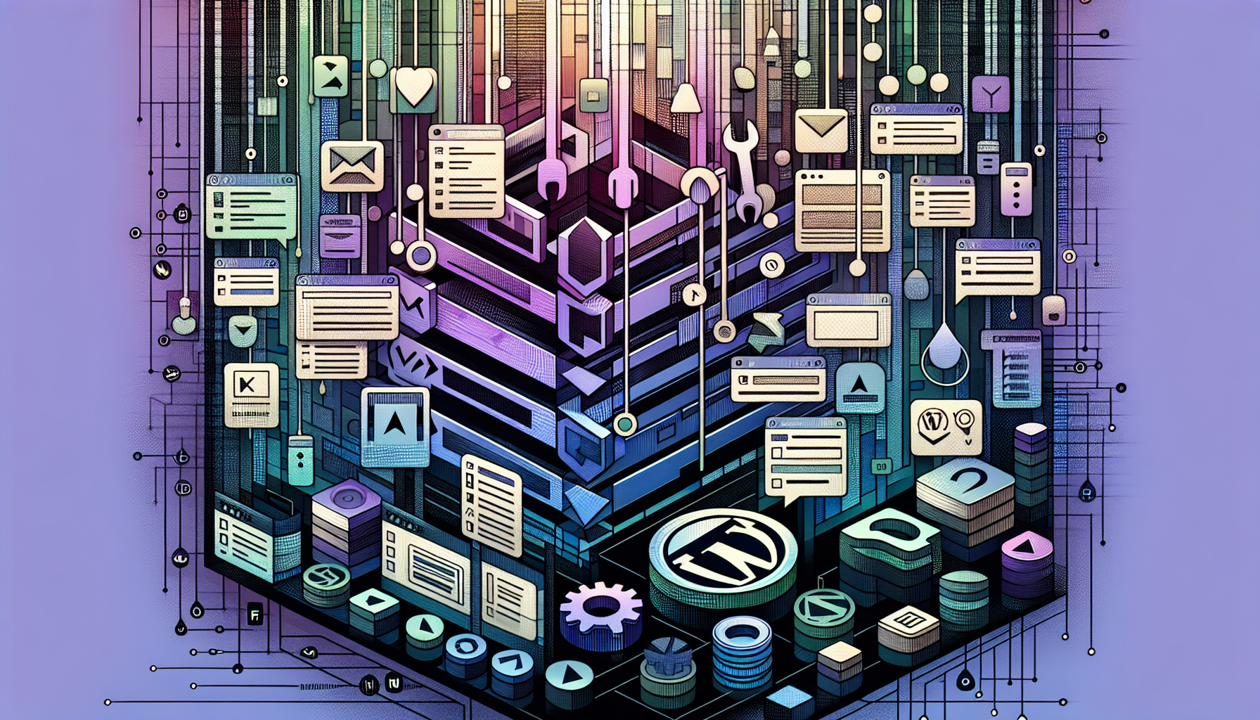 An abstract representation of a WordPress-themed programming interface, portraying a menu and options changing dynamically. The interface is depicted in soft tones of purple, blue, and green, with a variety of shapes and symbols representing code elements. Several tool icons, like a hammer and wrench, subtly suggest the concept of modification. Menus inspiring the WordPress design, cascade down the screen, with some items visually transforming, signifying the programmatically changing elements. For the avoidance of text and brands, the depiction should be more symbol-based and devoid of any recognizable logos.