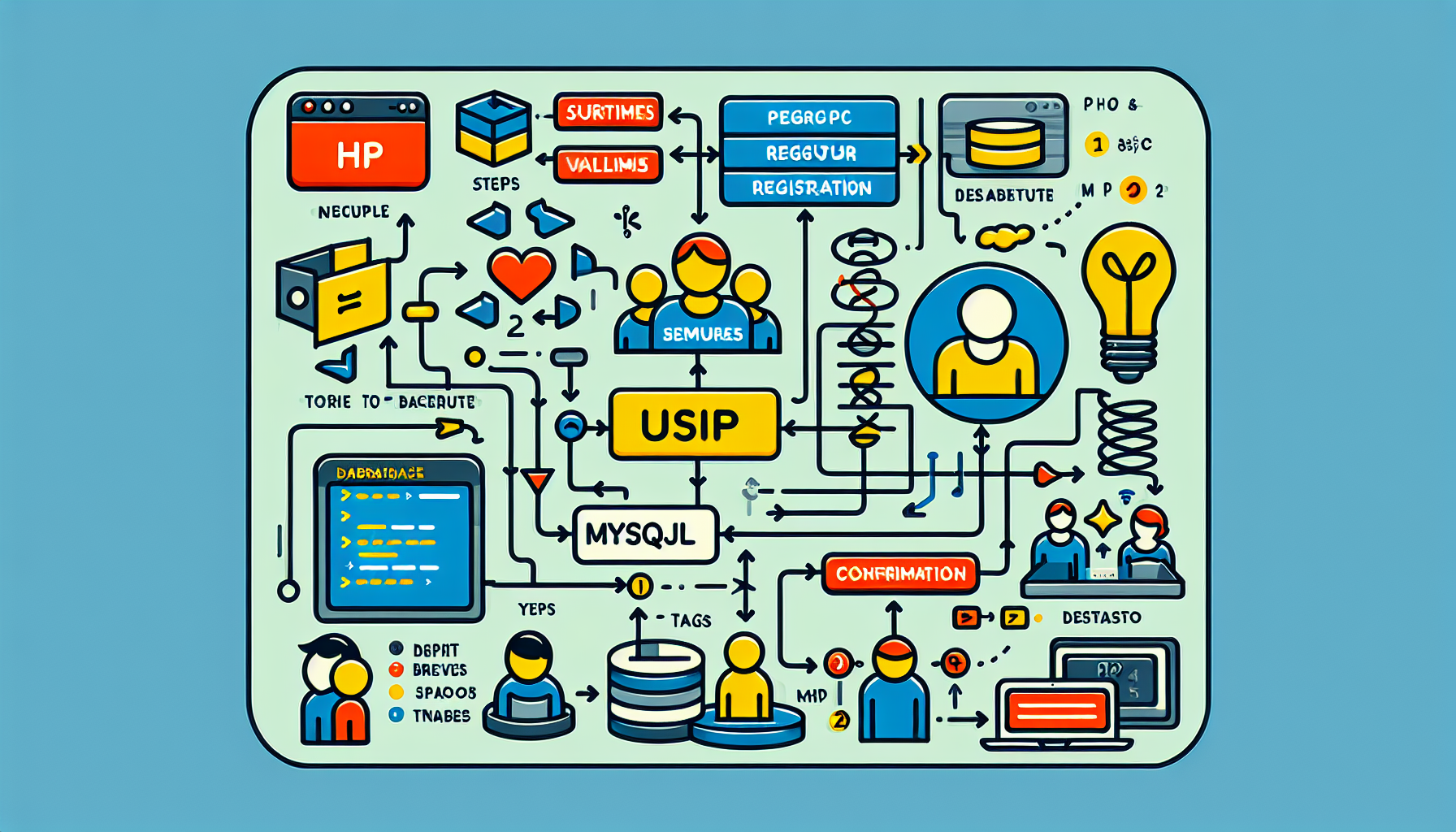 Illustrate the process of setting up a user registration system using programming concepts and database symbols. The image should include elements of PHP scripting language, represented by curly braces, semi-colons and Php tags; and various elements depicting MySQL database, such as tables, columns, and connections. There should be a clear depiction of the steps involved in user registration - data input, validation, storing in database, and confirmation. Ensure the image includes the layers of interaction between PHP script and MySQL database. Do not include people, text, brand names or logos in the image.