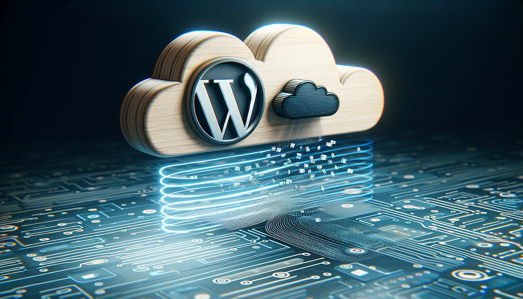 An illustrative representation of a non-descript cloud, radiating waves to symbolize the transfer of data. Beside it, a shape similar to Wordpress logo but with subtle differences to avoid exact replication or violation of brand policy. This logo-like shape is emitting a stream of folders, files, and other data forms toward the cloud. The scene unfolds on a calm digital landscape conveying a sense of automation and safety, without the presence of any human element or text.