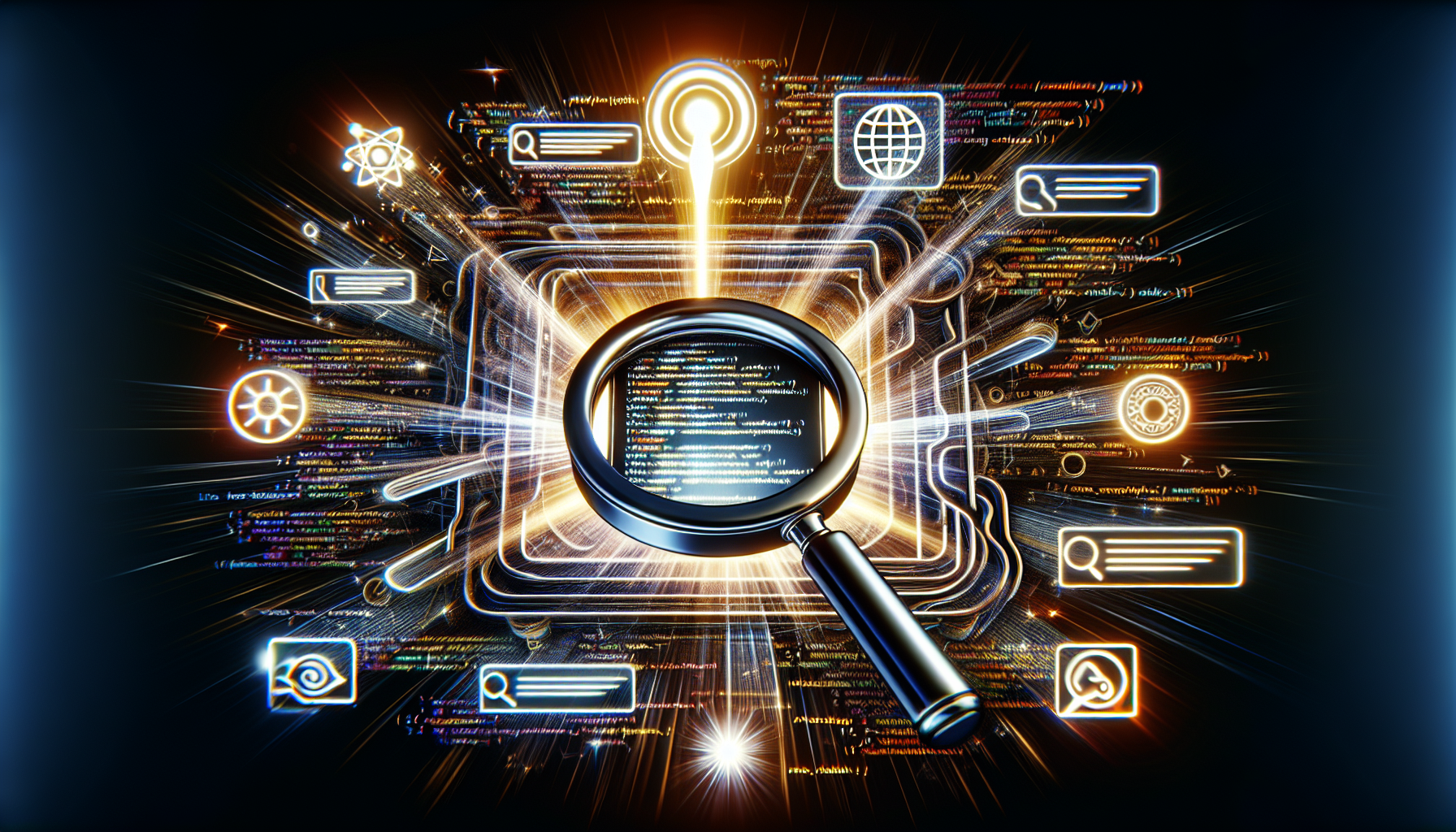 An image revealing the process of improving a website's search engine with the help of Live AJAX Suggestions. The scene encompasses a magnifying glass hovering over sections of stylized website code lines, with a burst of digital glow indicating the activity of AJAX suggestions. All are represented through abstract forms, symbols, and colors, providing a visual representation of AJAX in action without featuring any logos, brand names, or people. No textual elements or references to any specific CMS are present in the image.