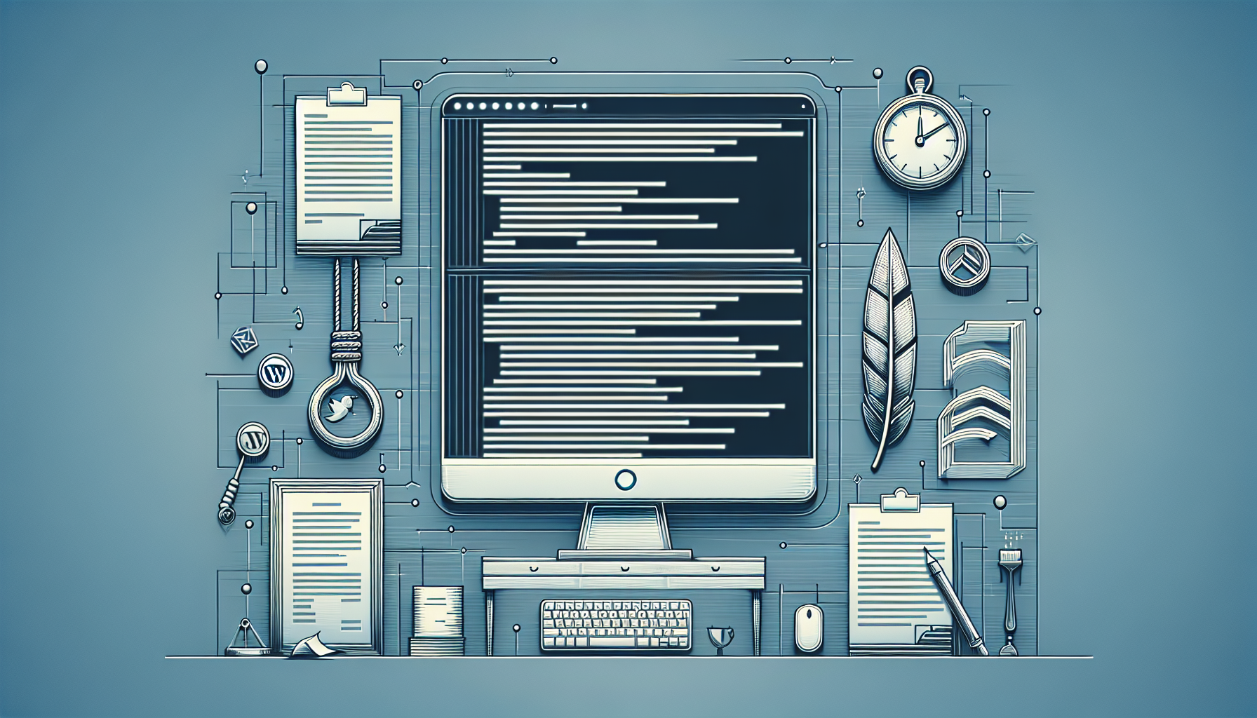 An image depicting the process of creating a WordPress plugin without any people in it. The scene can have a minimalist digital workspace setup with a large computer monitor showing lines of unrecognizable coded script, signifying the creation of a plugin. Next to the monitor lies a series of symbols or icons indicating different WordPress functionalities, such as a feather pen for authoring, a compass for navigation, and papers arranged to represent a post series. Remember, there should be no text or brand names visible anywhere in the artwork.