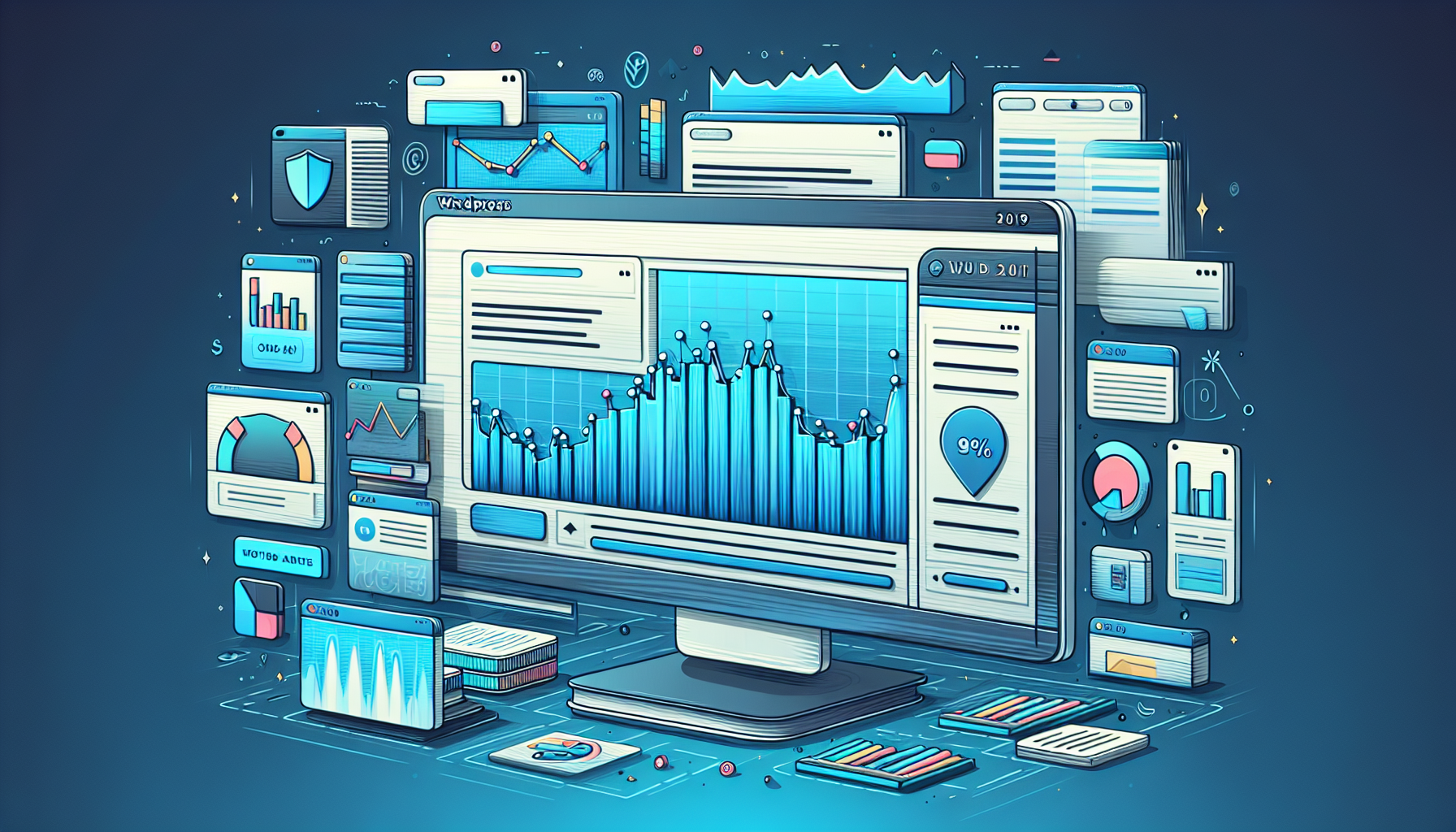 An illustration for a digital article; a WordPress dashboard in the foreground, demonstrating real-time data streaming. On the screen, a widget spaces out rows of numerical data and crumbs of colorful line graphs, representing a stock ticker without any text. The entire setting is devoid of people, brand names, logos, and text on items, focusing solely on the concept of the widget, and not featuring any identifiable symbols.