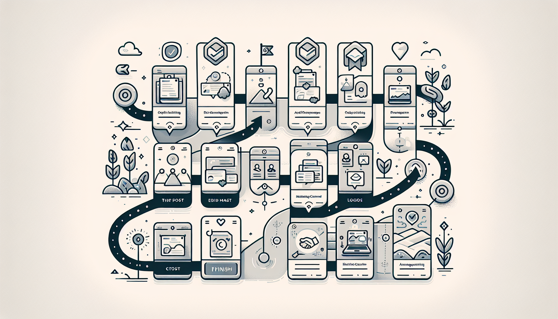An illustrative approach to a multi-step user onboarding flow for a content management system. The image shows a series of information cards in an arc, each presenting a different step in the process, such as editing a post, adding media, and managing comments. The cards are designed with simple icons, displaying metaphoric visual depictions associated with each step, but devoid of any text. The last card reveals a finish flag, denoting the completion of the process, embodying an overall sense of progression and user engagement. The cards are subtly connected symbolizing a journey without including any brand names, logos or people.