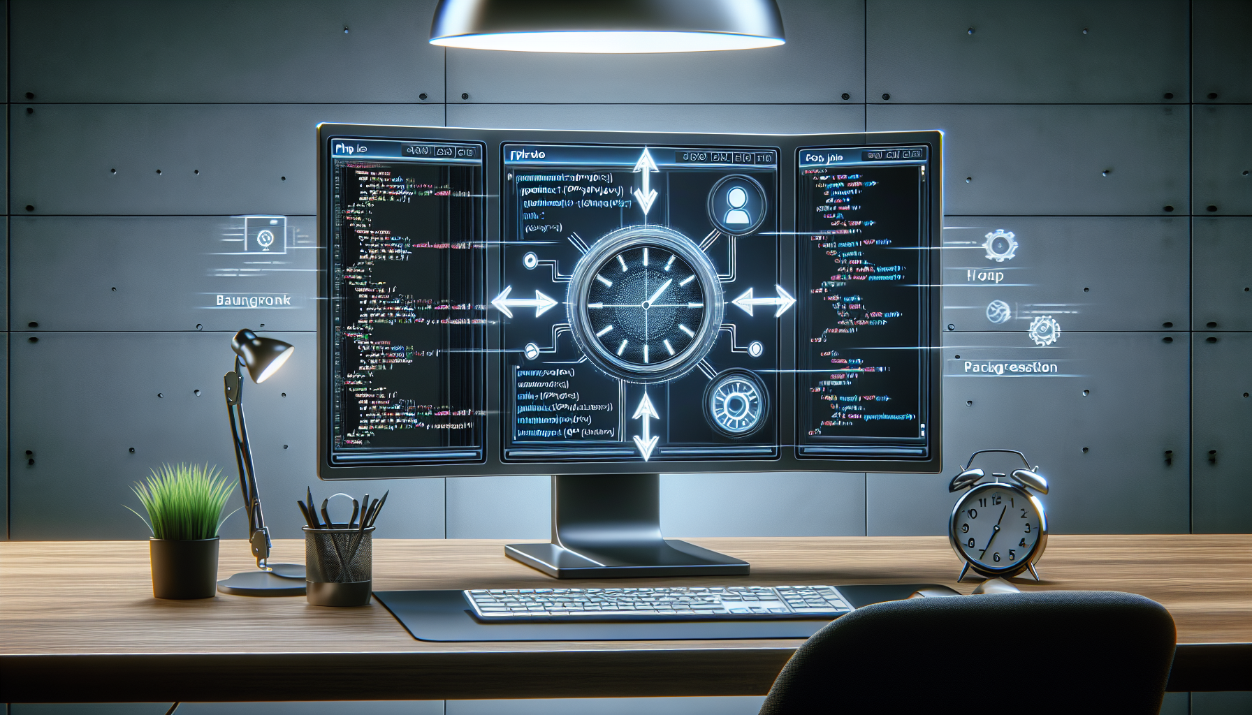 Visual representation of a computer screen showcasing a coding interface with PHP language, symbolizing multitasking. The screen is divided into a few sections: one section depicting lines of PHP code, another visualizing a clock to represent Cron Jobs, and one more exhibiting arrows to symbolize background processing. The whole setting is set against a sleek, modern work station background devoid of any people, text symbols, or brand names.