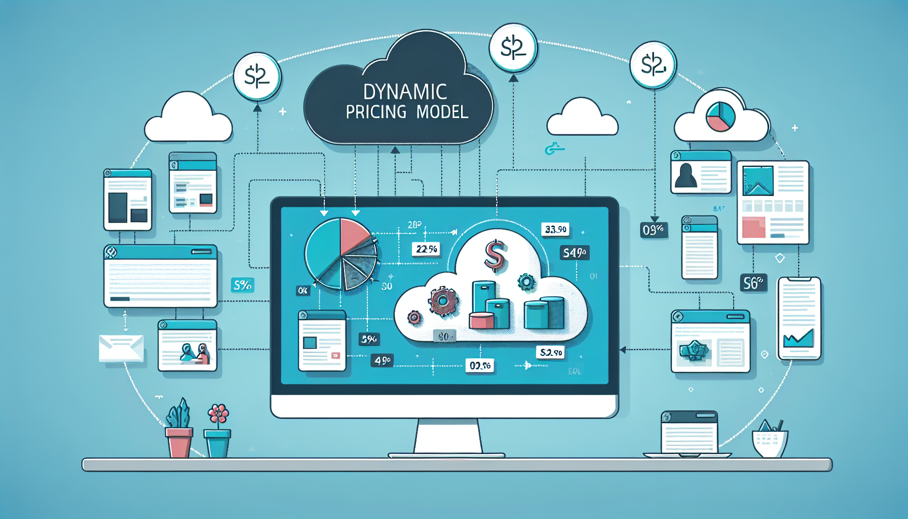 A graphic representation demonstrating the integration of a dynamic pricing model into an online e-commerce platform. The image can start with a desktop monitor displaying an e-commerce website with various products, then a cloud labeled as 'dynamic pricing model' integrating into it, thus changing the prices of the products displayed. No brand names, logos, human figures, or textual elements should be a part of this visual narrative.