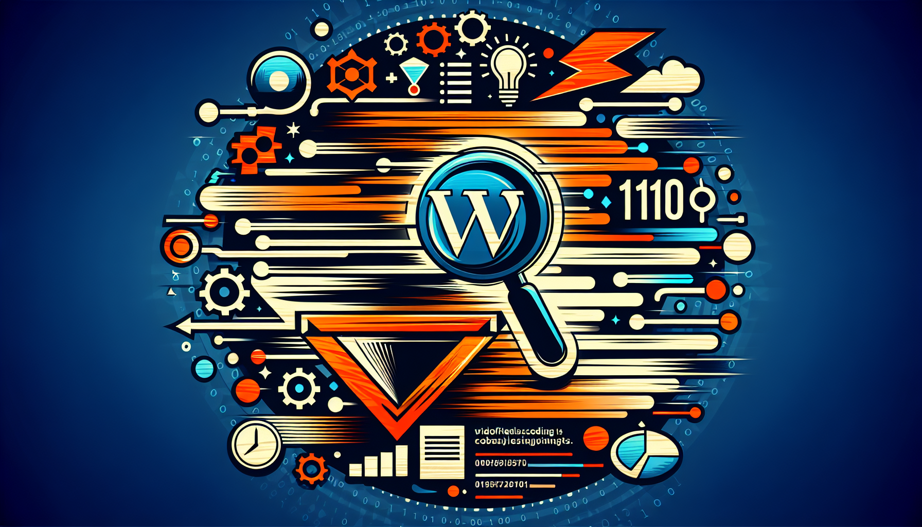 Visualize an abstract concept of speed and optimization relevant to website design. Picture a WordPress symbol, devoid of any identifiable text or branding, merging with a representation of a high-speed object. Around these main features, include symbols of coding analytics, such as a magnifying glass reviewing lines of code or a binary code entering a funnel and coming out simplified. Also, incorporate symbols of transients, such as lightning bolts. Ensure that no people, text, brand names or logos are present in the image.