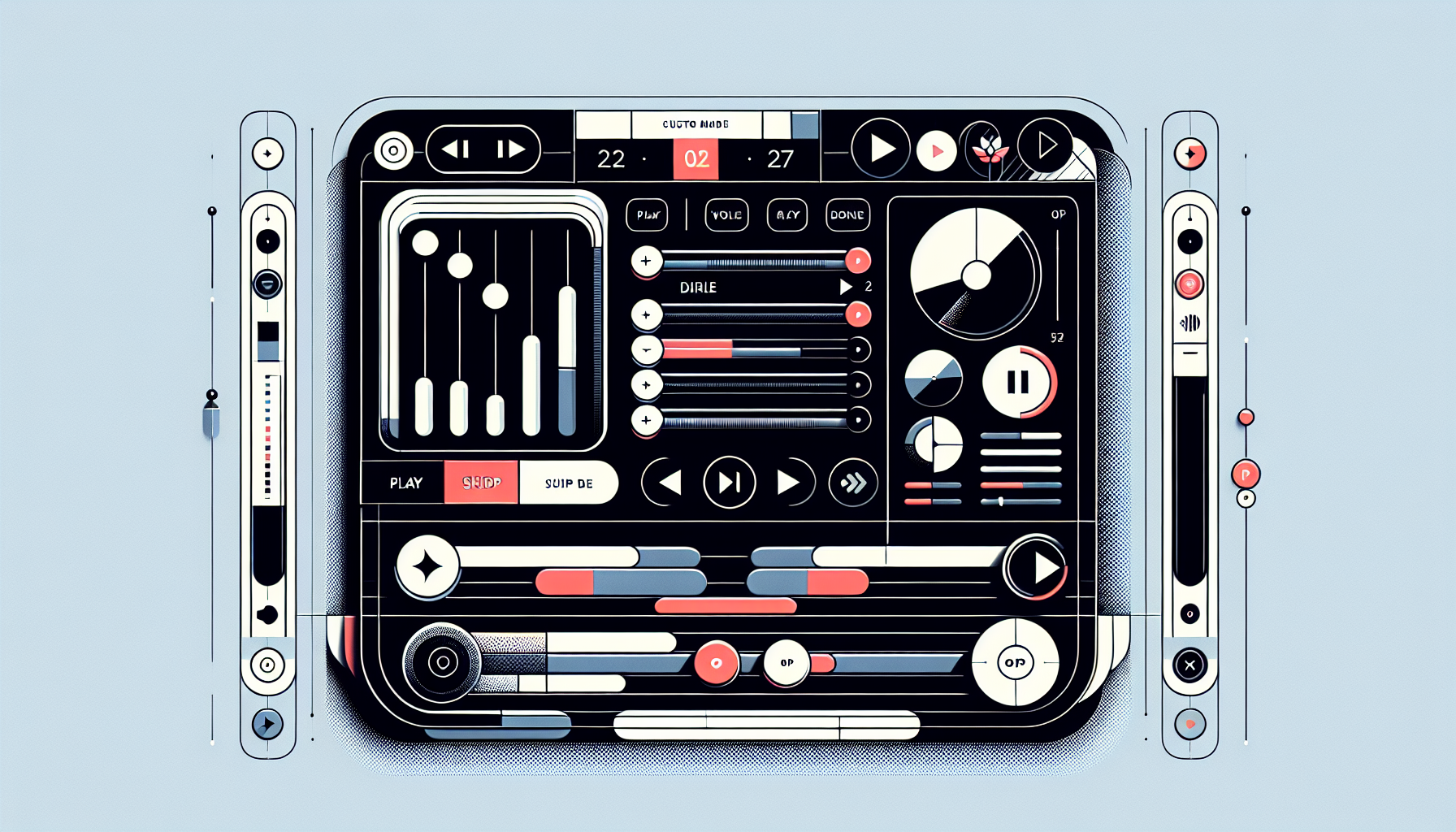 Visualize an illustration of a custom made audio player interface for a generic content management system. The interface should have a sleek design, incorporating elements like play, pause and skip buttons, along with a horizontal progress bar that visually represents the audio currently playing. There should also be tool for volume control, and a neatly arranged playlist module to the side showcasing a list of song titles represented by abstract shapes. Please ensure no brand logos, text, or human figures are included in the image.