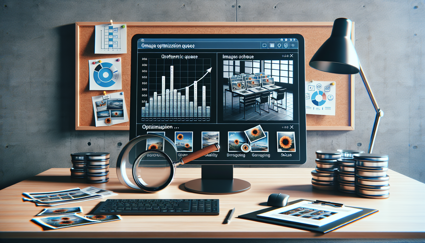 Visual interpretation of the process of implementing an image optimization queue in a content management system. The view should include a computer screen showing a generic content management system dashboard with multiple images buffered and marked for optimization. Next to it, visualize a chart showing the queue system effectively processing images one after another. Additionally, include elements that symbolize 'optimization', such as a magnifying glass focusing on an image, or a scale balancing image quality and size. All this is set in a modern, minimal workspace. Remember not to include any brand names, logos, text on items, or people into the scenery.