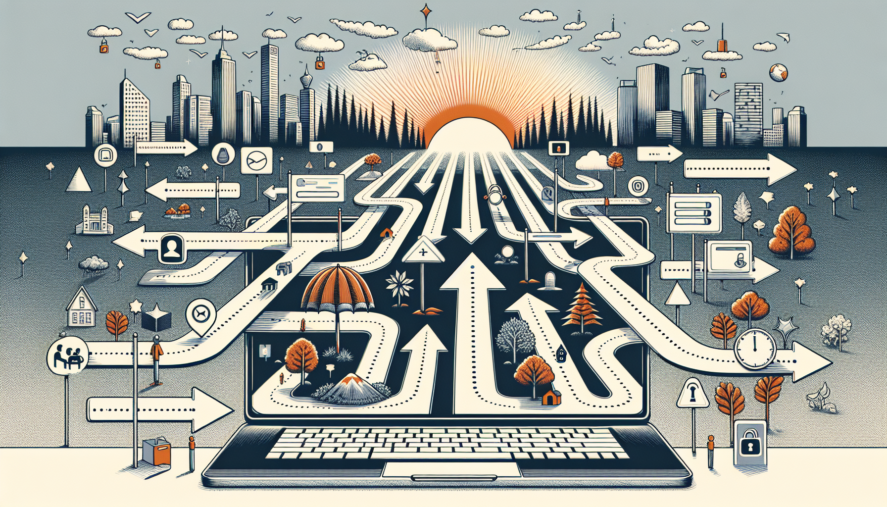 A detailed digital illustration representing the concept of custom login redirects based on user roles. The scene shows various arrow-shaped roads diverging from a laptop screen. Each road is labeled with non-specific symbols that represent categories of user roles such as an umbrella, a star, a clock, and a lock. The roads lead to different destinations on the horizon that represent specific webpages, illustrated abstractly as city skyline silhouettes, forests, mountains, and beaches, suggesting diversification and customization. The laptop and the surroundings are set against a neutral background to focus attention on the central idea. No people, text, brand names, or logos are present.