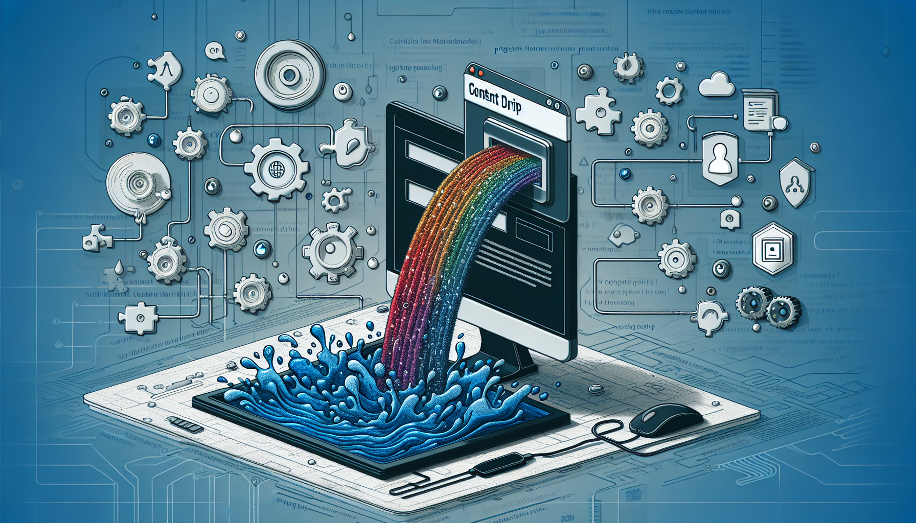 Create a visual representation of a computer with a flowing stream of code pouring out onto a digital landscape, emphasizing the metaphor of 'content drip'. Also, include related elements such as gears and the puzzle pieces. The puzzle pieces symbolize the plugin functionality in a membership website setup. Make sure the image is free from any text, human figures, brand names, and logos.