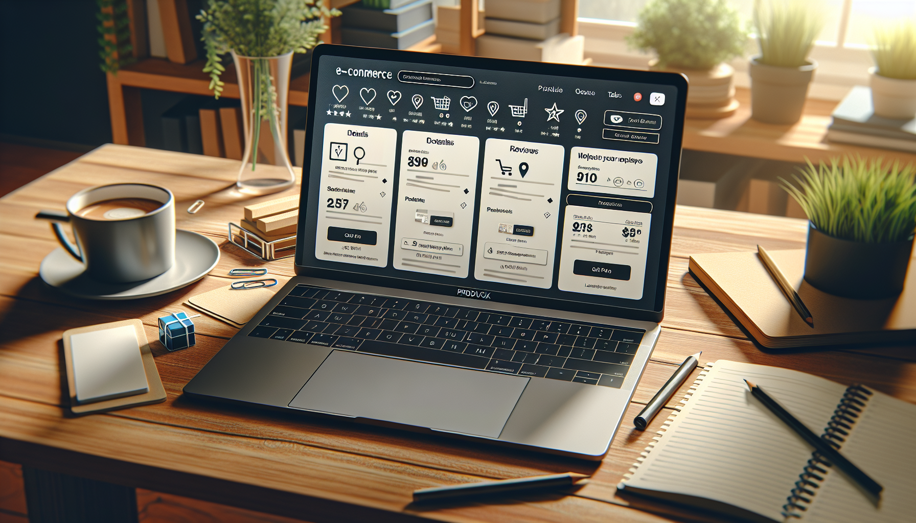 An open laptop on a wooden table displays an e-commerce interface. On the screen, there are various product tabs like description, reviews, and several custom tabs without any text or brand names. The custom tabs have distinct icons such as a magnifying glass for details, a dollar sign for pricing, and a location pin for location information. The surrounding environment includes a coffee cup, a notepad, and a pencil on the table. The scene is well-lit with a warm, cozy ambiance.