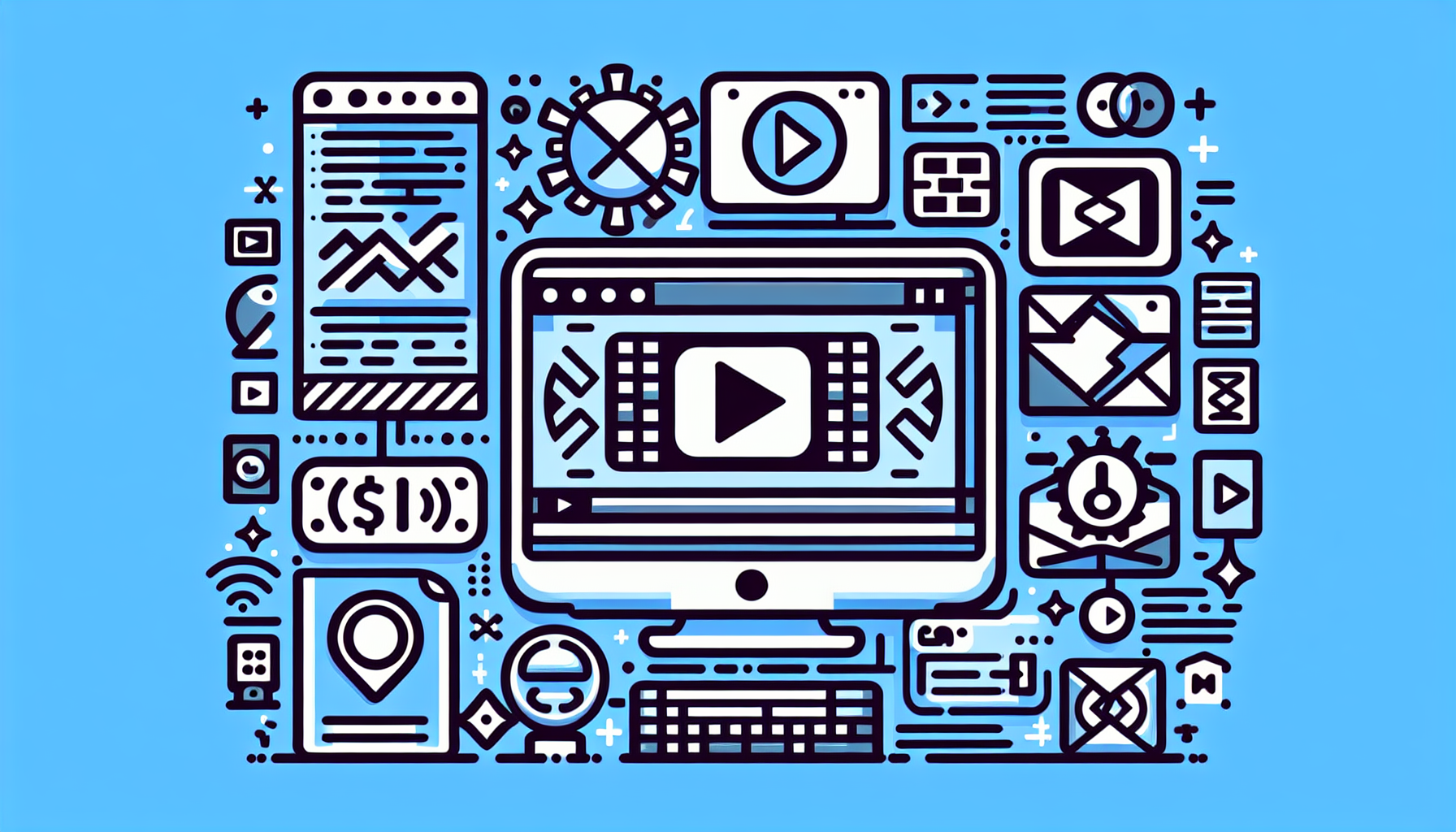 An image showcasing a variety of abstract icons symbolizing video streaming, web development and subscription. Depict a computer monitor frame with a code editor on one side showcasing lines of code and on the other side showing a screen with play button which symbolizes a video. The bottom corner of the screen displays a stylized, well-designed click button indicating subscription. All symbols and icons should be implying these functions but should not have any specific branding, text, or recognizable logos.