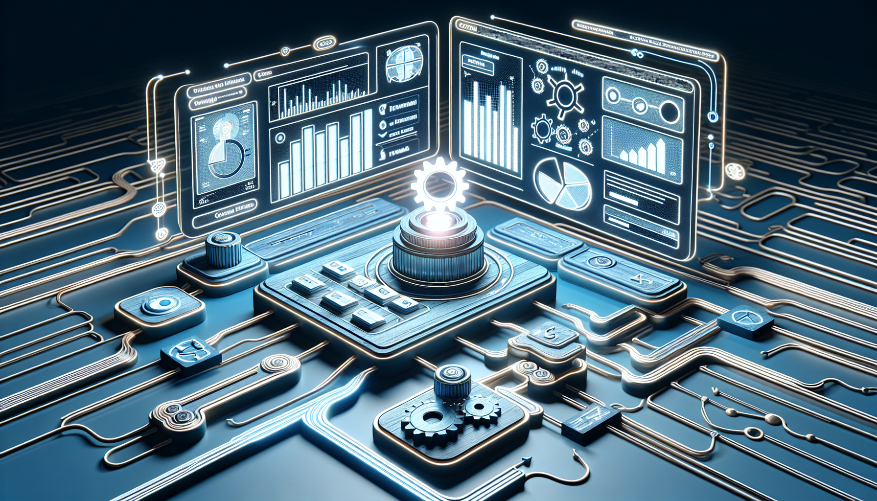 An image portraying the process of automating content audits in WordPress with a custom plugin. Picture a classic WordPress-styled user interface, complete with generic dashboard controls and widgets typically seen in a WordPress environment. A glowing, non-branded, and unique plugin icon symbolizes the custom plugin. Graphical representations of data and analytics, such as bar graphs and pie charts, convey the notion of audit results. Abstract conveyance of automation is displayed, perhaps as a series of interconnected gears or similar symbols. The entire scene is devoid of people and text.