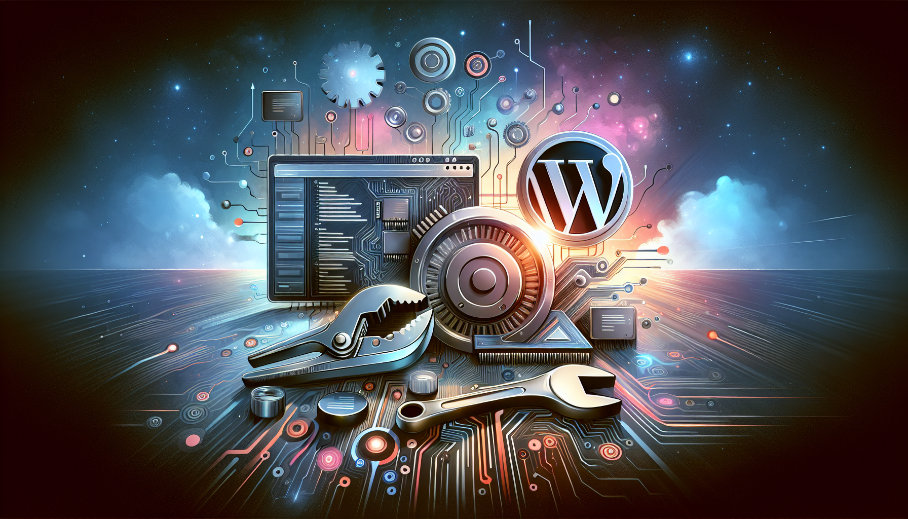 An abstract digital illustration showcasing the metaphorical concept of customizing WordPress with PHP for developers. The image features various symbolic items, such as a contemporary metallic wrench representing the 'customization' tool, a silicon chip embodying the 'PHP', and a generic, unidentified CMS interface on a computer screen resembling 'WordPress'. The background is an atmospheric lightscape evoking the digital realm. The color palette combines cool and warm hues, illustrating the fusion of creativity and technology. No people, brand names, logos, or text are included in the scene.