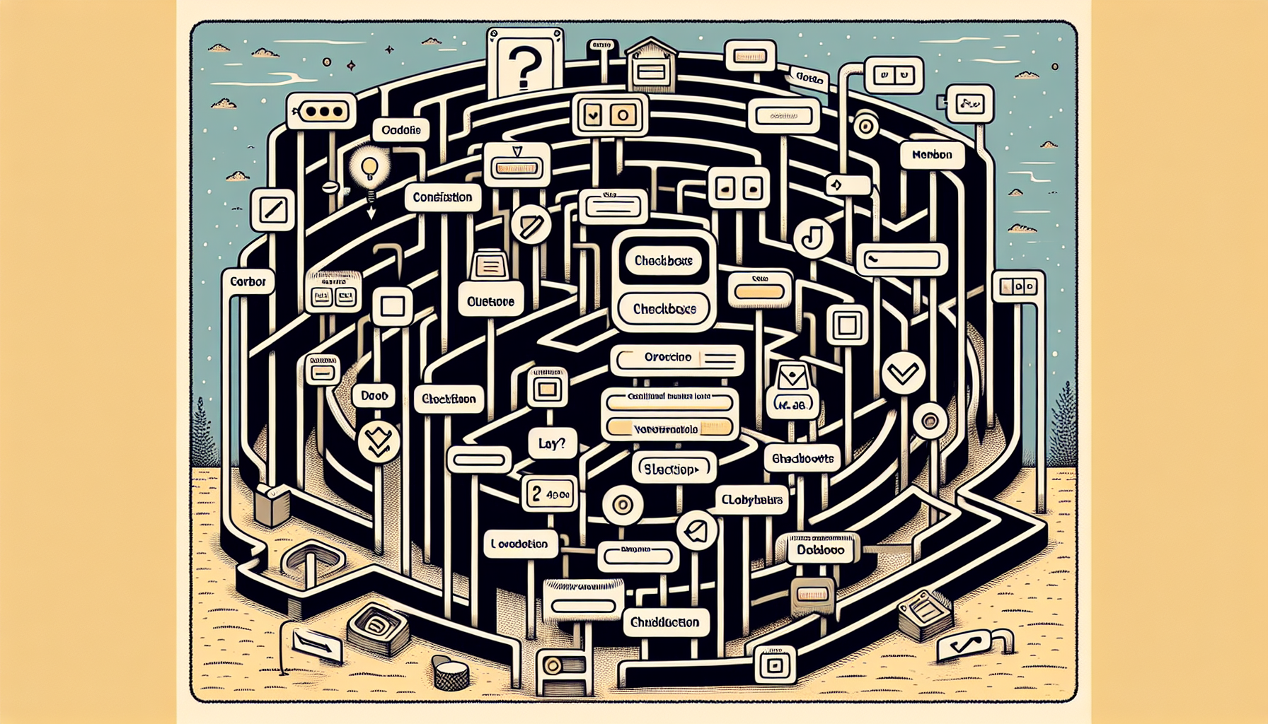 A detailed illustration of a complex survey form conceptualized as a labyrinth. It starts with a single question (depicted by a box) which branches into multiple pathways, similar to how conditional logic works in survey forms. Each branch contains diverse selection elements like checkboxes, radio buttons or dropdown options (represented by varied symbols), leading to further branches. The labyrinth sits on a backdrop resembling a WordPress dashboard. No people are present. The image does not contain any text, brand names or logos.