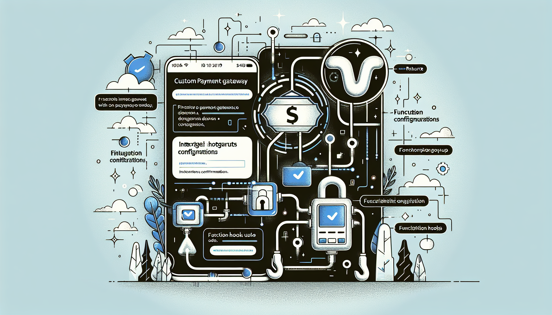 A detailed illustration showcasing the concept of integrating a custom payment gateway with hooks in WooCommerce, without including any people, text, or brand names. Picture the WooCommerce logo symbolized by an abstract icon. An imaginary payment gateway icon is being linked via hooks, representing function hooks used in coding. Also, illustrate a configuration setup suggestive of digitized configurations without displaying actual code. Overall, the image should feel energetic and technical, echoing the advancement of technology.