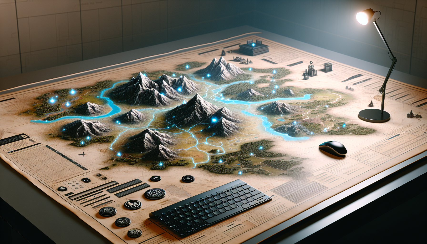 A detailed visual depiction of a map spread out on a table with various geographical features such as mountains, rivers, and forests visible. Some locations on the map are glowing, representing interactive sites. There is a keyboard and a mouse by the side of the table, subtly suggesting the WordPress interface. Off to one corner, there are some abstract symbols indicating custom post types. The map is in a room with ambient lighting, casting soft shadows adding depth to the scene. The whole setting is devoid of any humans, brand names or logos.