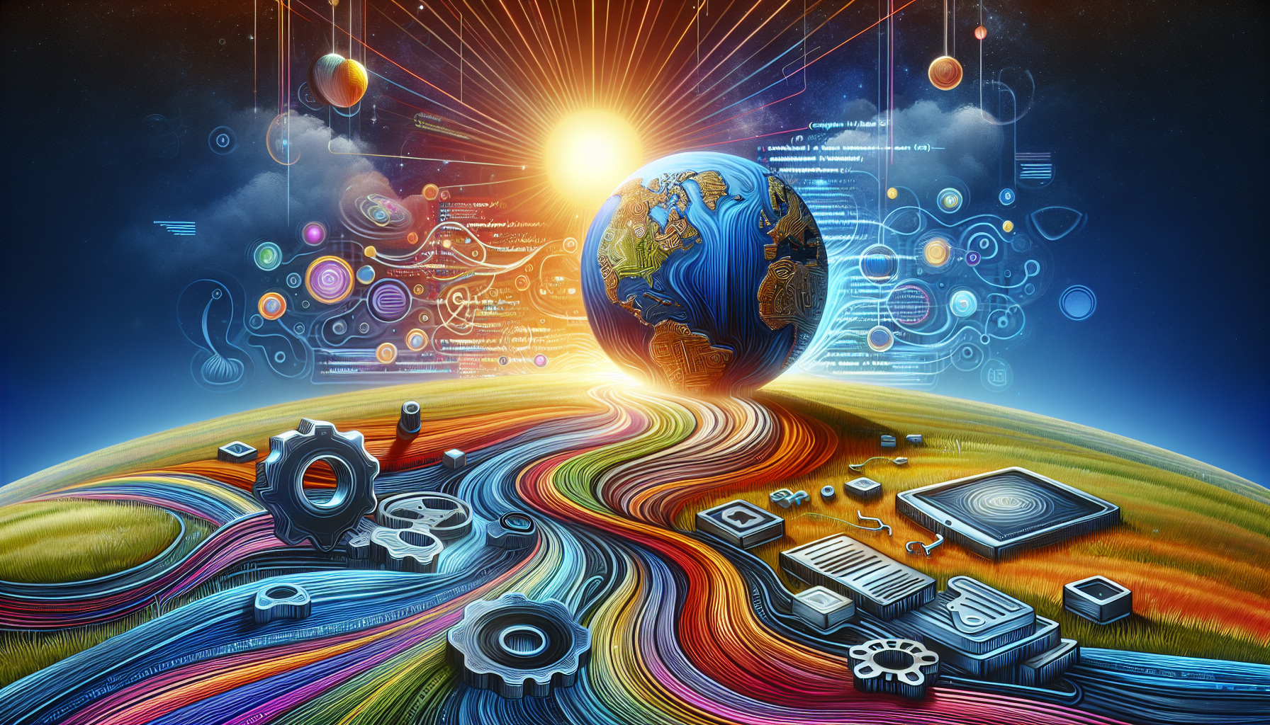 A colorful abstract representation of the process of setting global options in WordPress Themes programmatically. Imagine a vast digital landscape filled with abstract representations of code structures flowing and interweaving. On the horizon, there is a massive, glowing CMS (Content Management System) symbol. Behind it, there's a beaming sun that represents global settings, spreading its light across the entire landscape. In the forefront, various tools, like an abstract cog representing Options API, and a digital key symbolizing accessibility, are scattered. No text, brand names, logos, or people are present.