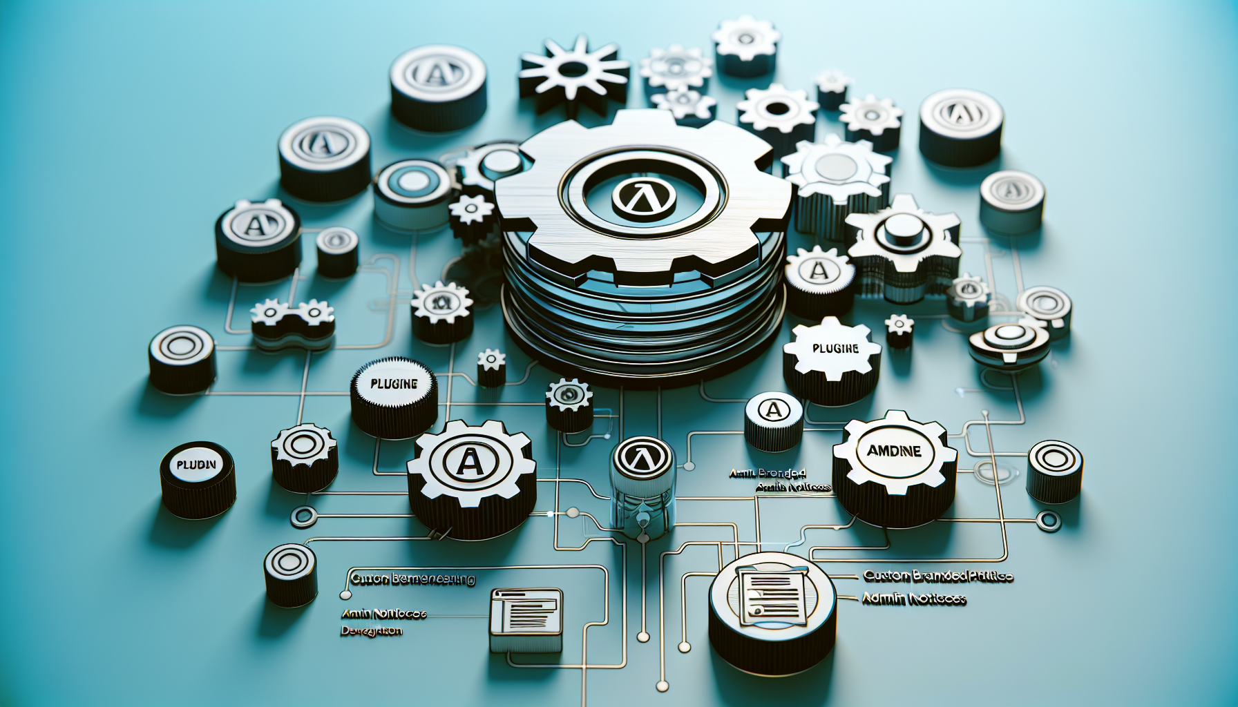 An abstract representation reflecting the process of developing a WordPress plugin for custom branded admin notices. The image shows a series of interconnected gears and cogs of various sizes, symbolizing the development process. On one side, there's a simplified representation of a generic plugin symbol. On the other side, there are symbolic admin notices, also generic, without any specific brand markings or logos. The background is a soft gradient of blues and greens, hinting at the digital realm. No people, brand names, text, or logos are present in the scene, following user's request.