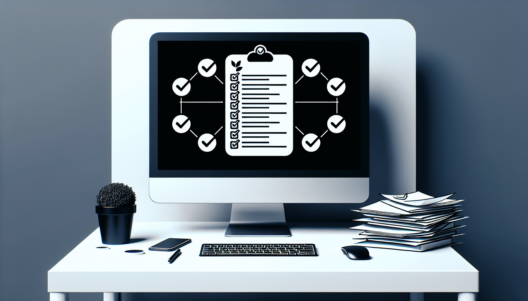 An image of a clean and minimalist digital workspace setup, emphasising on productivity. There is a computer screen displaying an organized to-do list with symbolic representations of tasks but without any text. The task symbols are cleverly designed, using generic symbols like ticks, stars, and piles of papers. The entire scene strongly implies the creation and management of a to-do list, after removing all elements that suggest any specific brand, company, or individuals.
