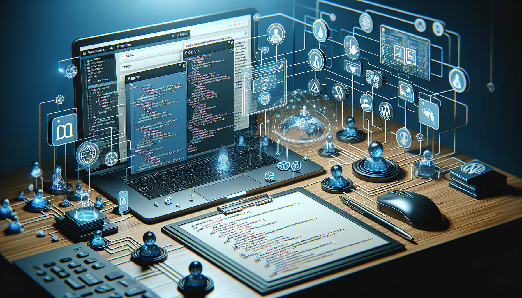 A detailed scene of a laptop displaying a WordPress dashboard, with icons symbolizing different user roles, like an admin, subscriber etc, around the screen. On the side, a page of coded features related to role-specific actions hovers in the air. In the background, an API diagram is visible, consisting of interlinked circles and lines demonstrating the connection between these coded features and user roles. Everything in the image is created in a generic manner, with no identifiable branding, people, or text.