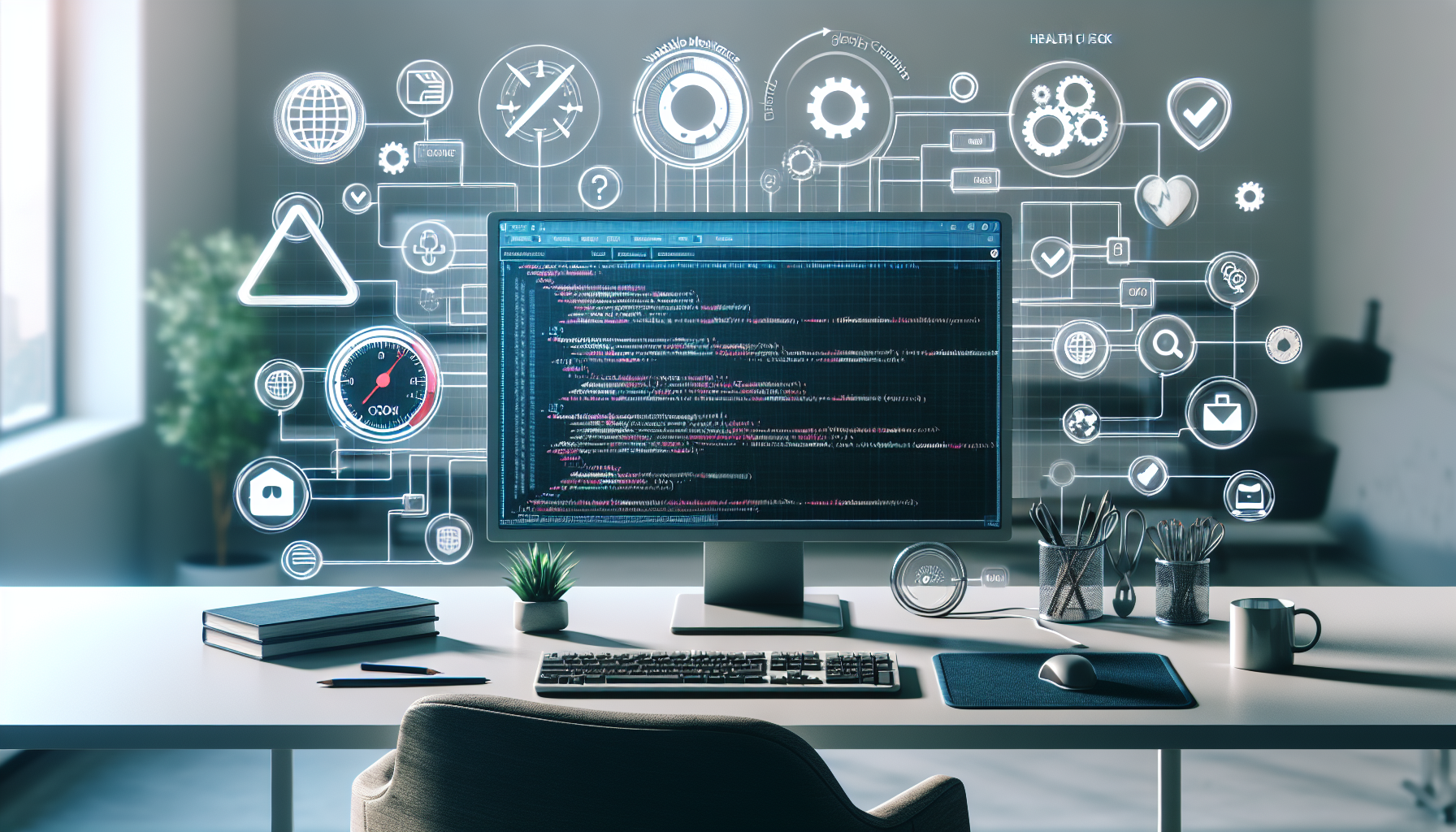 An image focusing on website maintenance and programming, highlighting key elements related to the topic. Display a computer with code on the screen, emphasizing the concept of scripts and automation. Alongside, showcase typical symbols for health checks in the context of websites like checkboxes, speedometer, and gears for optimization. Please create the setting in a minimalist, officesque environment with a modern touch. The image should be devoid of any human presence, text, brand names, and logos.