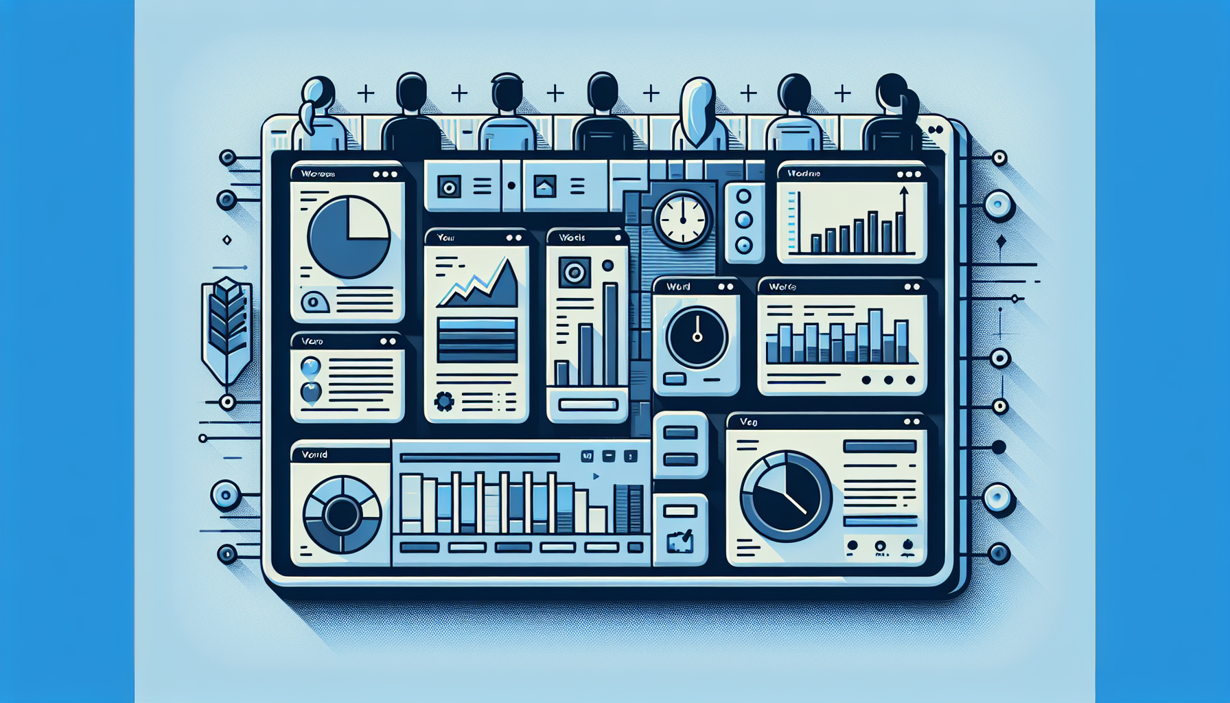 An uncluttered, visually intuitive representation of a WordPress dashboard with custom metrics added to the site health section. The dashboard should feature the generic framework of tabs and sections typically seen in WordPress, without specific text or brand labels. Some of these sections are highlighted to represent the extra metrics being added. No people or logos should be present in the image. Symbols such as a gauge or bar-graph can be used to imply the concept of metrics. Incorporate slight gradients and shadows to achieve a modern and professional look.