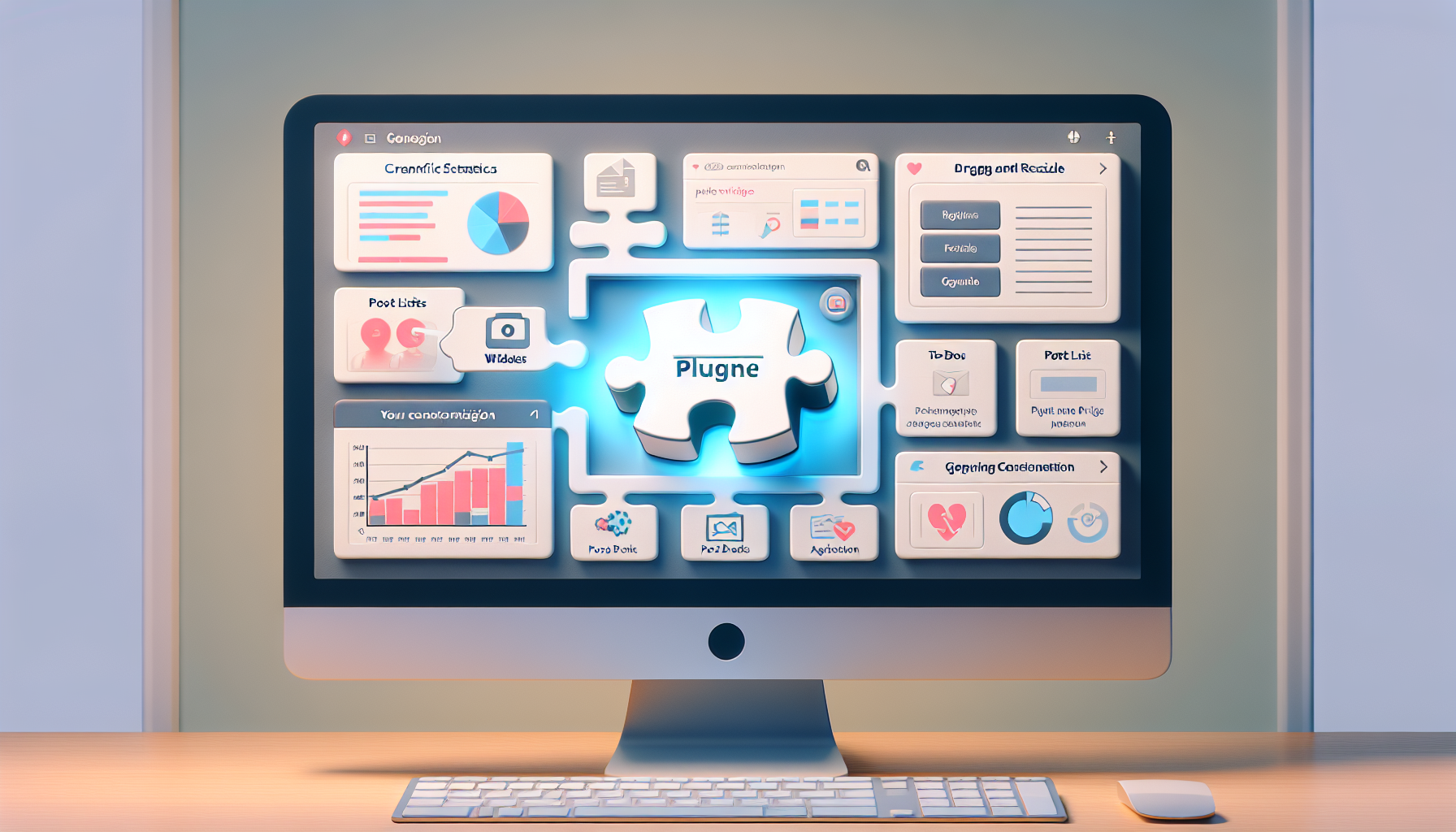A computer screen displaying various customization options for a generic website dashboard. On the screen, various draggable and resizable widgets are visible. Some widgets include charts for traffic statistics, a calendar, to-do lists, and post drafts. To symbolize the process of plugin creation, a graphical representation of a puzzle piece being fitted into the dashboard is shown. The puzzle piece is glowing to indicate activation. Colours used are neutral and soothing to the eyes. No brands or people are depicted. The overall image conveys the concept of customization and individualization of a web dashboard using a plugin.