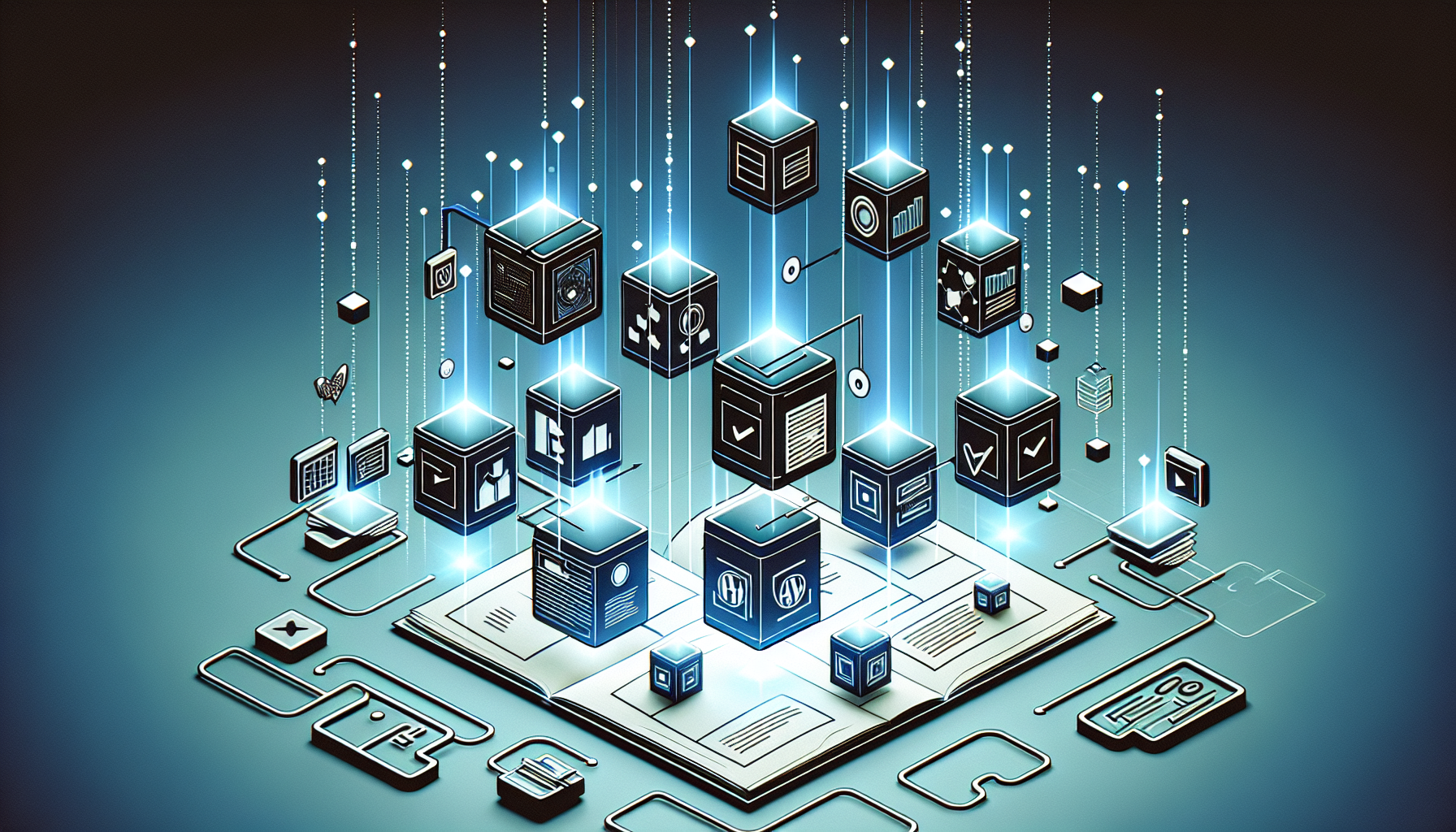A conceptual illustration depicting the process of enhancing custom post type archives with additional filters in WordPress without using any text or brand logos. The image consists of various abstract shapes representing data archive boxes with symbolic filters, floating above an imagery grid representing a website structure. Finely dotted lines connect the grid and the floating elements, indicating the flow of information. Note that there are no people involved in this scene as per the request.