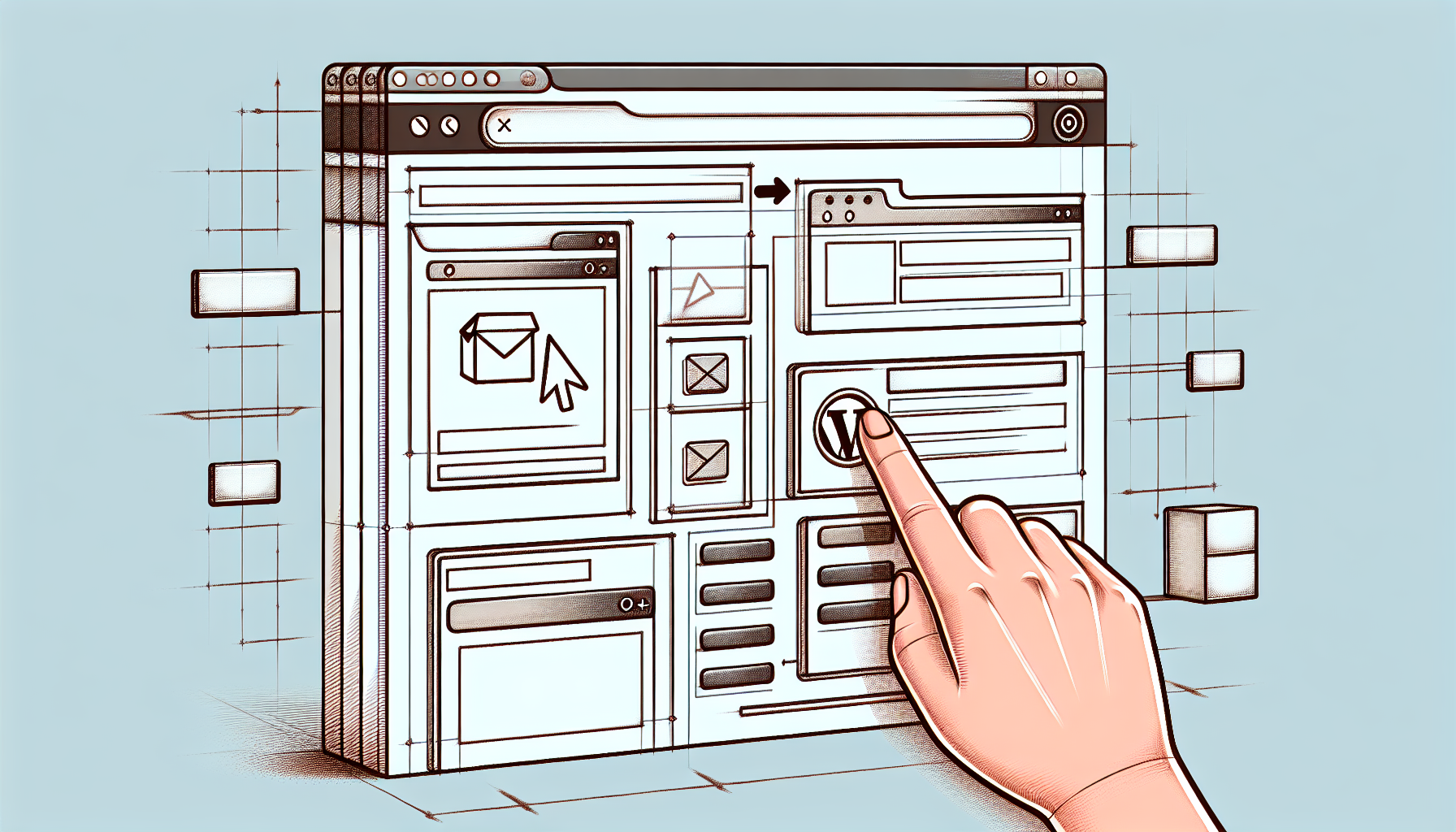 A digital illustration of the process for building a WordPress notification bar without a plugin. The image is divided into step-by-step stages. The first stage shows a blank website interface, probably in a web browser. The second stage includes a drawn pointing hand cursor icon adding elements on the website, like a box near the top. The final stage portrays a fully prepared notification bar on the website, without displaying any text or brand names. The overall tone of the image carries a sense of progression and accomplishment, while sticking to a clean, minimalist aesthetic.
