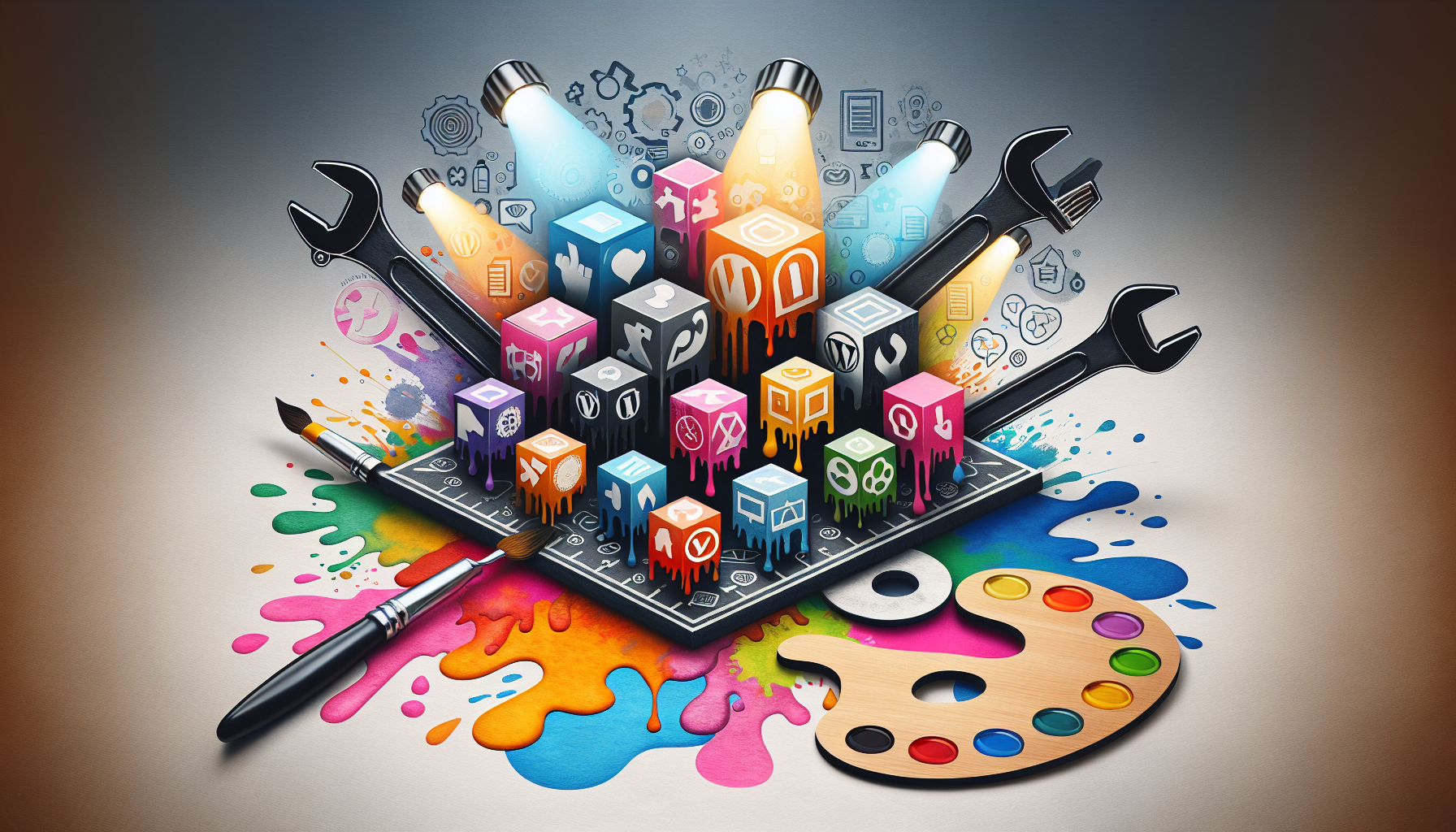 Create a visually appealing and informative piece depicting the concept of customization. Show an array of different abstract icons symbolizing varied post types, placed on distinct, vividly colored shapes that suggest versatility and customization. Spotlights focused on each icon suggest the enhancement or modification process. Nearby, an artist’s palette brimming with a myriad of paint colors is implying the creativity aspect. An adjustable wrench poised above it all emphasizes the idea of adjustment and fine tuning. Although the request is specifically about WordPress, no brand names or logos will be shown.