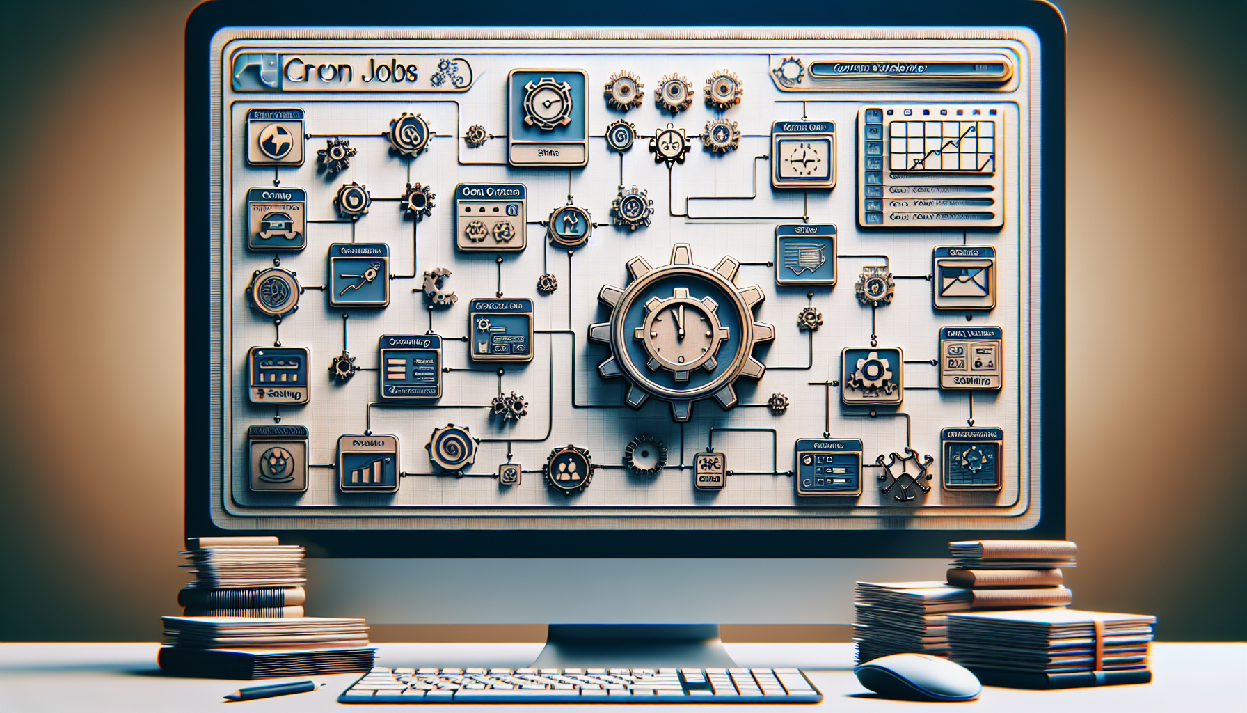 An image showcasing a detailed schedule displayed on a computer screen. The screen overflows with aesthetically arranged time slots, tasks, and deadlines, symbolizing a content scheduler. Also, visualize a step by step process depicted through generic icons, such an icon of a gear for settings, or an icon of a clock for scheduling, without any brand logos or brand names. Further, add a representation of 'Cron Jobs' through an icon of a cog interlocking with a calendar. The surrounding environment is a simplistic workspace with no human presence.