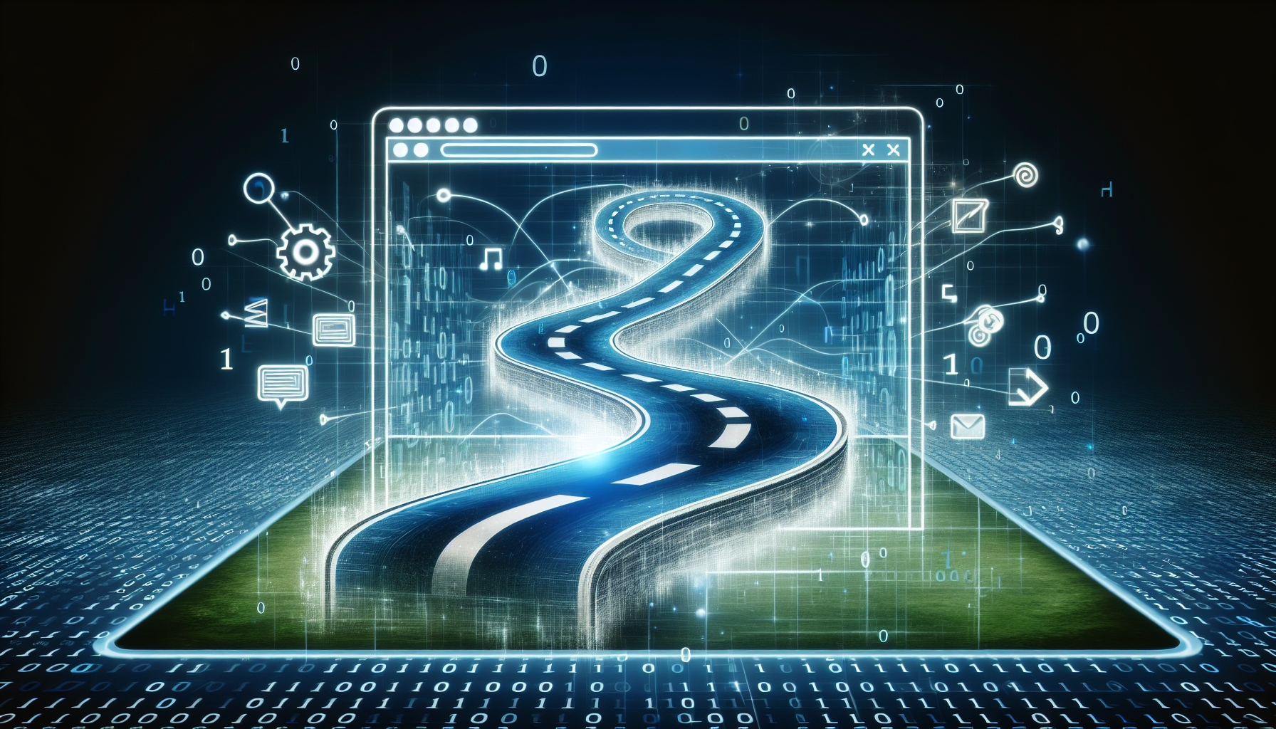 An abstract scene depicting the concept of URL shortening: A long, winding road being transformed into a straightforward, much shortened path. This transformation happens inside a large symbol resembling a computer screen, which floats above an underlay of binary code patterns. There are various digital elements whirling around the screen symbol, representing functions and processes involved in URL shortening. No human figures, text, brand names or logos are present.
