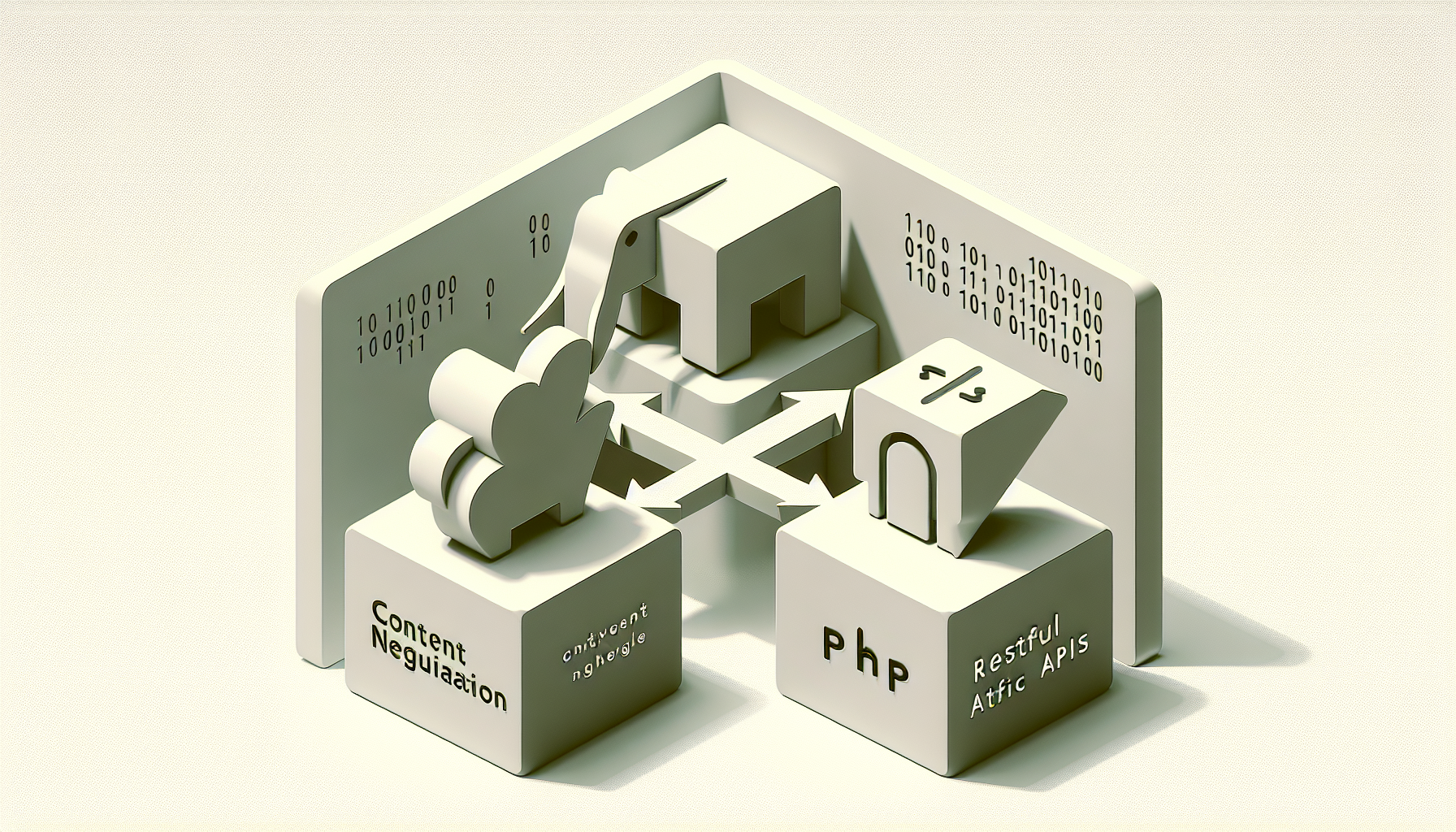 A minimalist image to encapsulate the concept of 'Implementing Content Negotiation in PHP for RESTful APIs'. Display an interoperable elements symbolizing 'Content Negotiation', 'PHP', 'RESTful APIs'. For 'Content Negotiation', show juxtaposed shapes with arrows indicating exchange. For 'PHP', show an elephant (a symbol related to PHP) – ensure no text or brand logos appear on it. For 'RESTful APIs', denote with a cloud symbol to represent the internet. The image should have a techie vibe with neutral shades and binary code sequences subtly present in the backdrop. No people or textual elements should be visible.