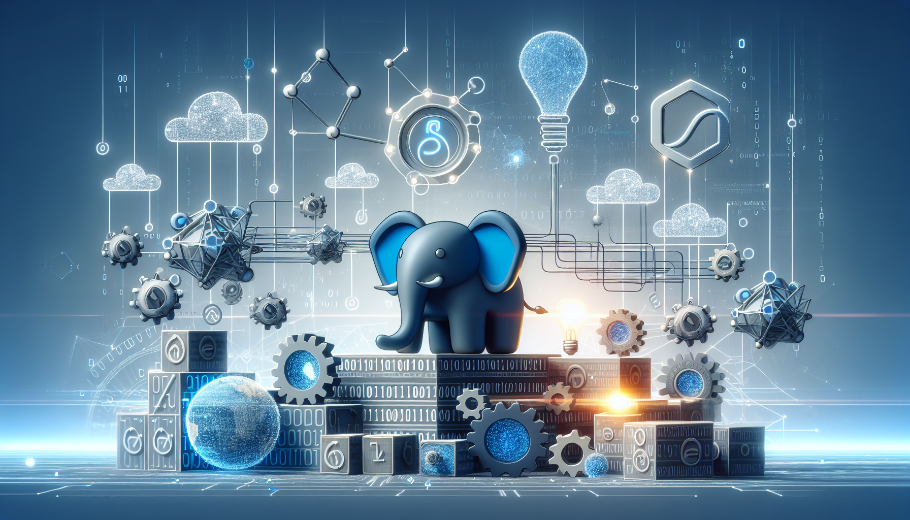 An abstract representation suggesting the development process of PHP applications with IPv6 support. Let's compose this as a scene filled with symbolic visuals such as a representation of PHP's elephant mascot, a series of network nodes linked together to represent IPv6. The image can also contain binary codes, gears to depict the concept of development, and a glowing globe to represent the worldwide web. All visual elements are arranged neatly and are in balance, with a soothing and professional color palette, mainly blues and greys.