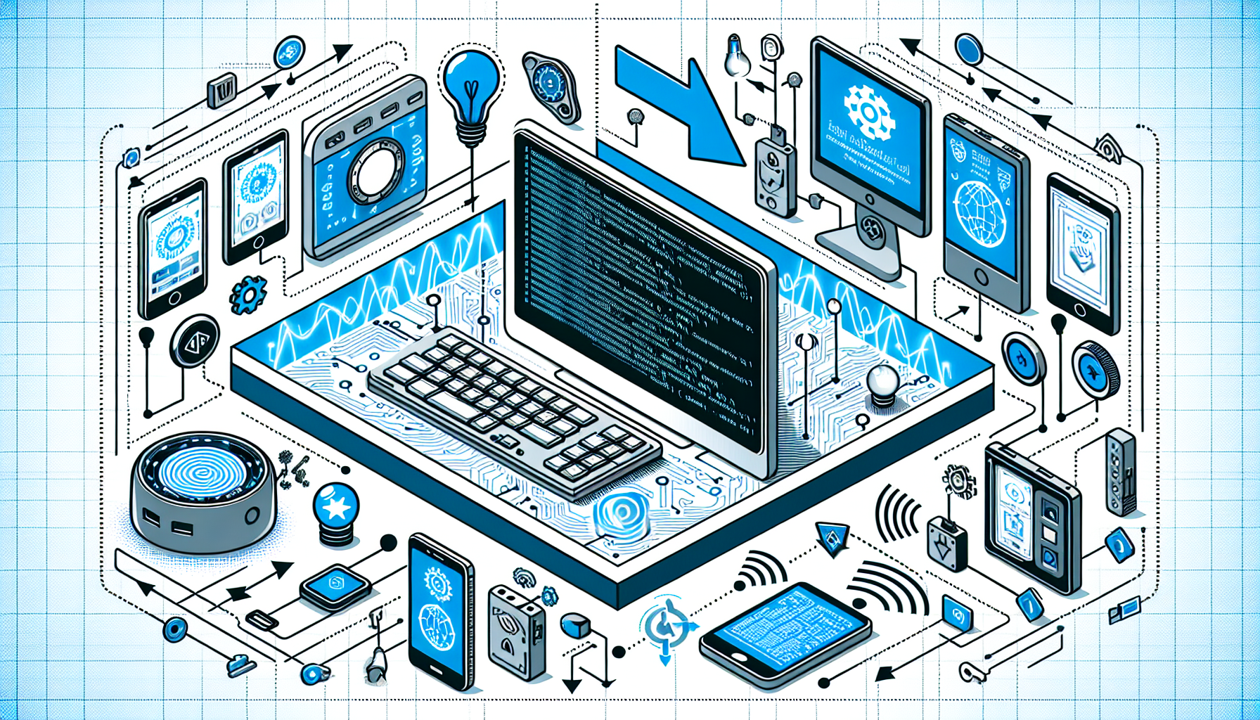 An abstract representation of data flow and interaction between a personal computer and various Internet of Things (IoT) devices. On the left, illustrate a generic, brandless computer with symbols of script code representing PHP visible on its screen. On the right, display a mix of unbranded IoT devices, such as a smart bulb, a smart thermostat, and a smartwatch. In between the computer and IoT devices, showcase arrows, and pulse waves, symbolizing the MQTT protocol used for communication. Remember, the image should not include any text, brand names, logos, or human figures.