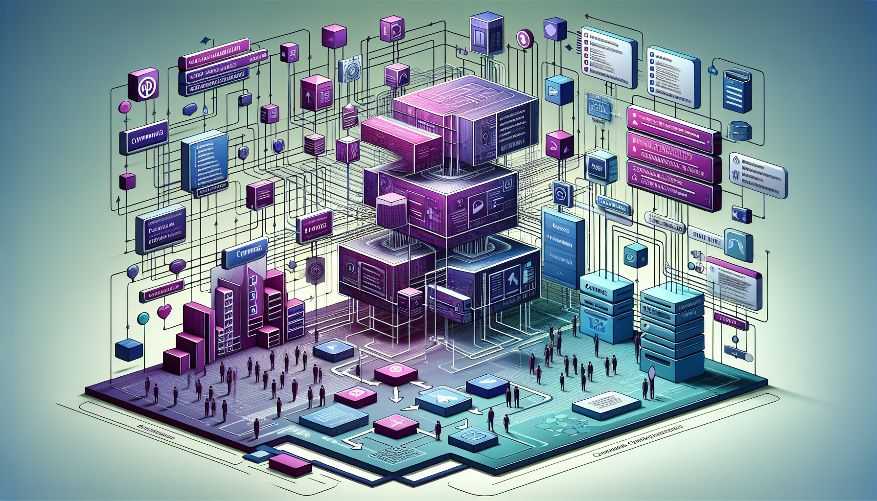 A conceptual visualization of an abstract architecture inspired by a 'Command Bus' dedicated to handling application commands in the PHP programming language. Picture a structured infographic-like environment, represented with geometric shapes interacting. Show network connections, data flow arrows, and symbolic representations of commands moving in an orderly fashion. Avoid depictions of people, text, logos and any brand names. The overall color scheme would be inspired by PHP's color scheme, which primarily consists of purples and blues.