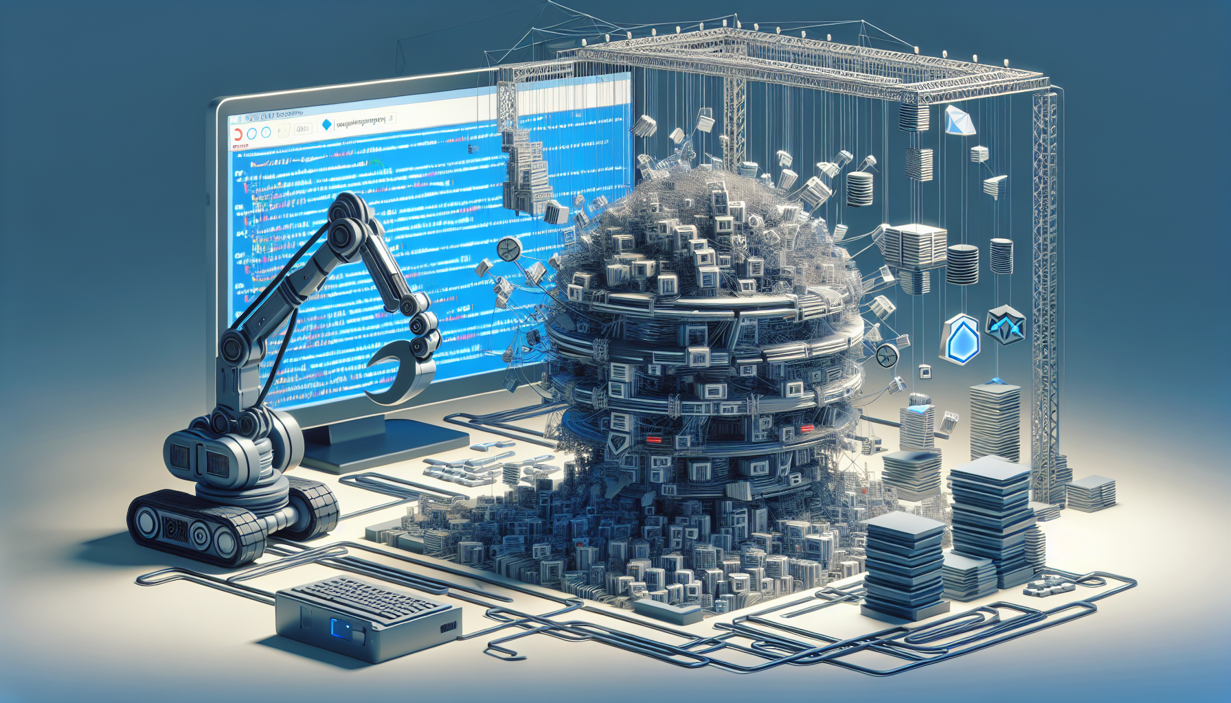 A visual interpretation of working with large XML files using PHP efficiently: visual metaphor of a gigantic, complex, tidy, architecture-like XML file represented as a 3D structure composed of interconnected nodes and arrows. Nearby, a simple and efficient PHP tool - represented as a futuristic, sleek 3D tool like a robotic arm or high-tech device - appears to be interacting with or processing the large XML structure. The scenario is set in a digital cyberspace environment to emphasize the technological context. The color palette mostly uses shades of blue, gray, and white. No text, people, or brand names are included in this scene.