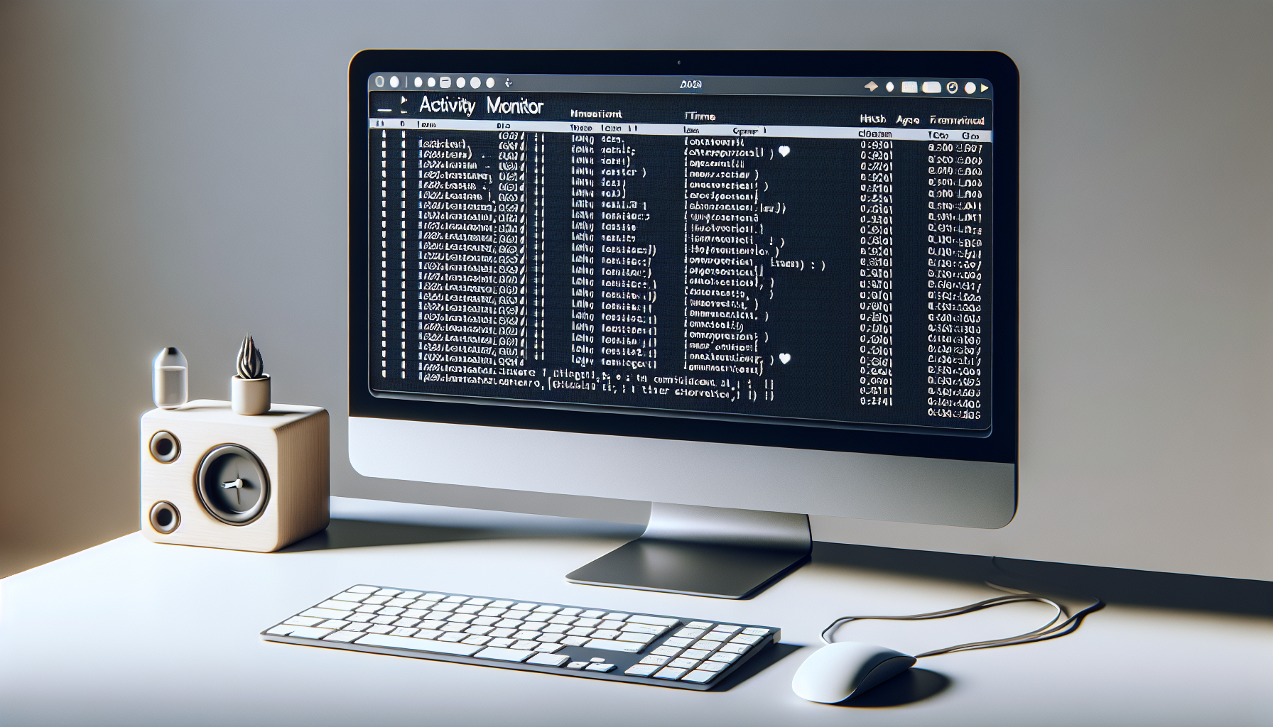 Visual representation of a generic computer system running an activity monitor application coded in PHP. It shows an organized, timestamped list of user activities being tracked on a computer screen. The screen is part of a minimalist setup with a keyboard and mouse, without any text on the items. The environment around the computer is neutral and non-branded.