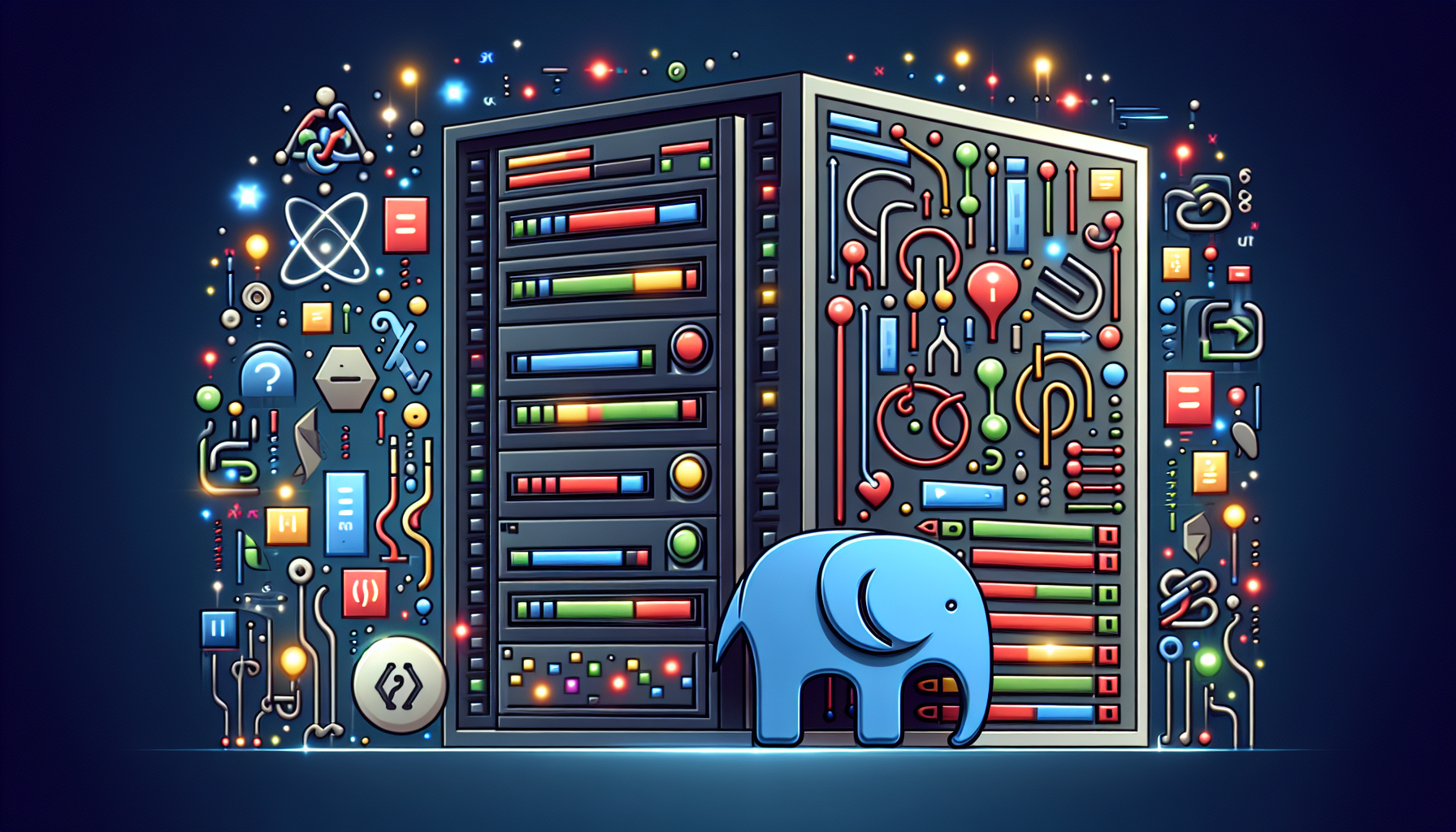 An image showing the intricacies of server-side scripting without any human figures or text. A server rack resides in the background, showcasing a multitude of colorful, blinking lights. MFloating in the foreground are abstract symbols, shapes, or elements that could suggest the concept of PHP scripting. Such as curly braces { }, a simple while-loop drawn out visually, and a stylized elephant - the unofficial mascot of PHP. There is no brand name, logo, or text present anywhere in the design.