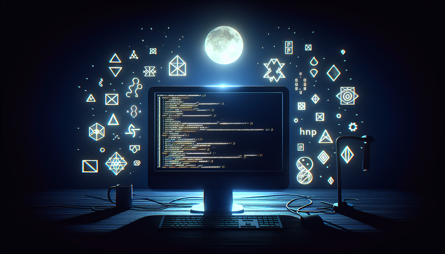 Showing a computer screen glowing from its use late at night illuminated only by the faint moonlight seeping into the dim room. On its screen, visualize abstract symbols representing PHP coding. Include floating geometric shapes around the computer, symbolic of YAML configuration files. Ensure the environment possesses a serious, focused ambiance suggesting the complex process of parsing and generating files, while emphasizing the absence of people. Please ensure that no text, brand names, or logos are present.