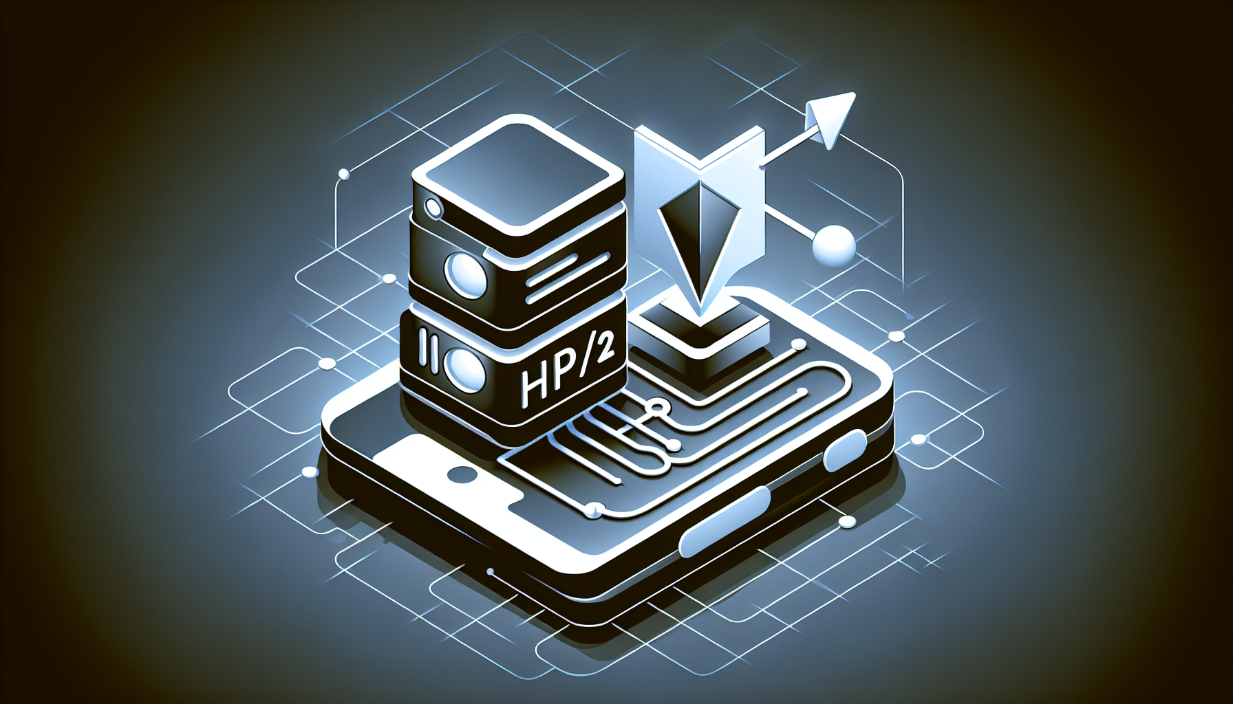 A representation of server technology, expressed in an abstract style. The image shows an illustrated laptop symbolizing PHP and a symbolic arrow indicating HTTP/2, showing them linked together. The arrow is moving from the laptop showing symbolically the process of server push. The aesthetic is modern yet minimalistic, with no text, brand names, logos, or people included in this abstract depiction of technological concepts.
