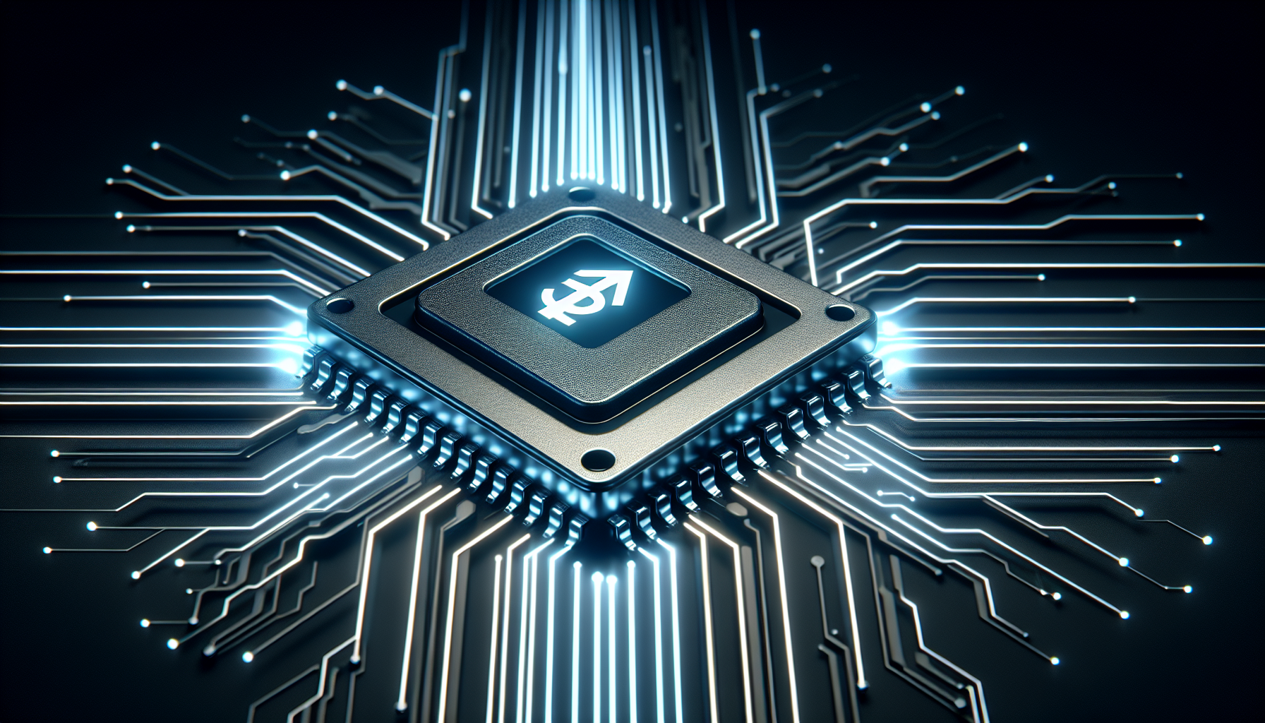 A digital visualization showcasing the concept of Foreign Function Interface (FFI) in PHP programming language for enhanced performance. Portray a close-up of a streamlined futuristic silver computer chip glowing with energy, representing the PHP programming language. Superimposed on this should be a symbolic representation of FFI, like warp-speed lines or data pathways reaching out, indicating high performance speed. Use a dark background to create contrast. Please keep the image free of humans, text, or any brand logos.