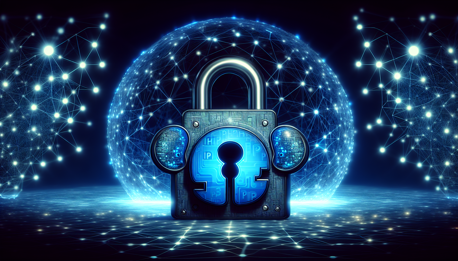 An abstract representation of the security concept for PHP sessions in shared hosting environments visualized through metaphoric symbols. Picture a large, unbreakable padlock symbolizing security, embedded in a spherical grid indicating a shared hosting environment. In close proximity, visualize a PHP elephant-shaped symbol, indicating PHP sessions, surrounded by a blue, shimmering, circular shield to imply protection. The background remains abstract, filled with glowing interconnected nodes reflecting a digital cyber landscape with complex connections. All elements are designed in an eye-pleasing futuristic digital art style with no text, people, brand names, or logos present.