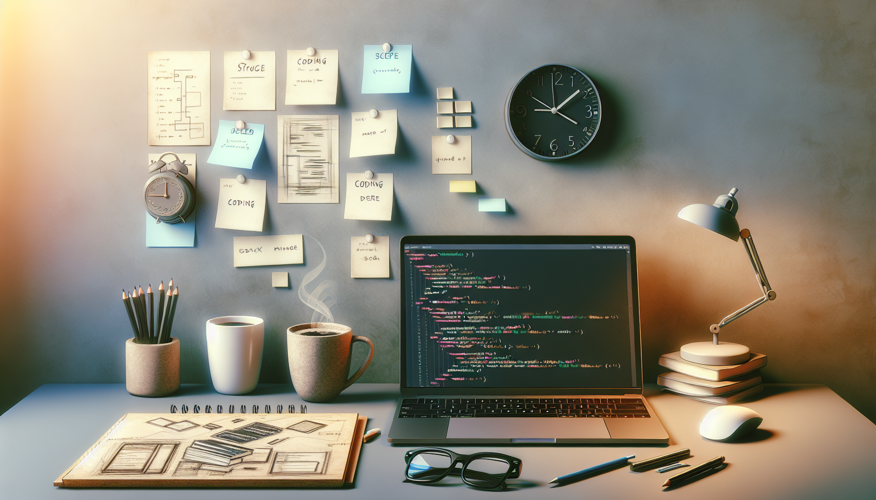 An empty desk scattered with specific tools essential for software development such as a laptop showing several lines of code with highlighted syntax, a pair of reading glasses, a steaming mug of coffee, a sketch pad open to a rough drawing of MVC model structure and a digital wall clock showing coding time. The background fades softly to a muted, pastel-colored wall with sticky notes arranged in sequencef. Overall, a serene and organized atmosphere depicting the development process of a Basic PHP Framework.
