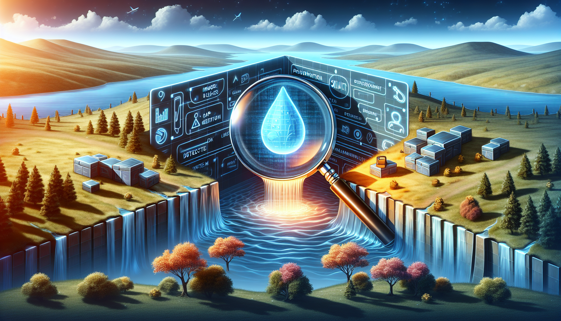 Visualize a digital landscape depicting the prevention of memory leaks often associated with the PHP programming language. The scene should feature expressive symbols such as a luminous detective magnifying glass working on detecting invisible leaks sort of like evanescent water seepages on a surreal digital terrain. The other part of the scene should encapsulate prevention with a robust digital dam blocking the seepages. Finally, the solution can be portrayed as a professional toolkit filled with digital tools to fix the leaks. No people, brand names, logos or texts should be present in the image.