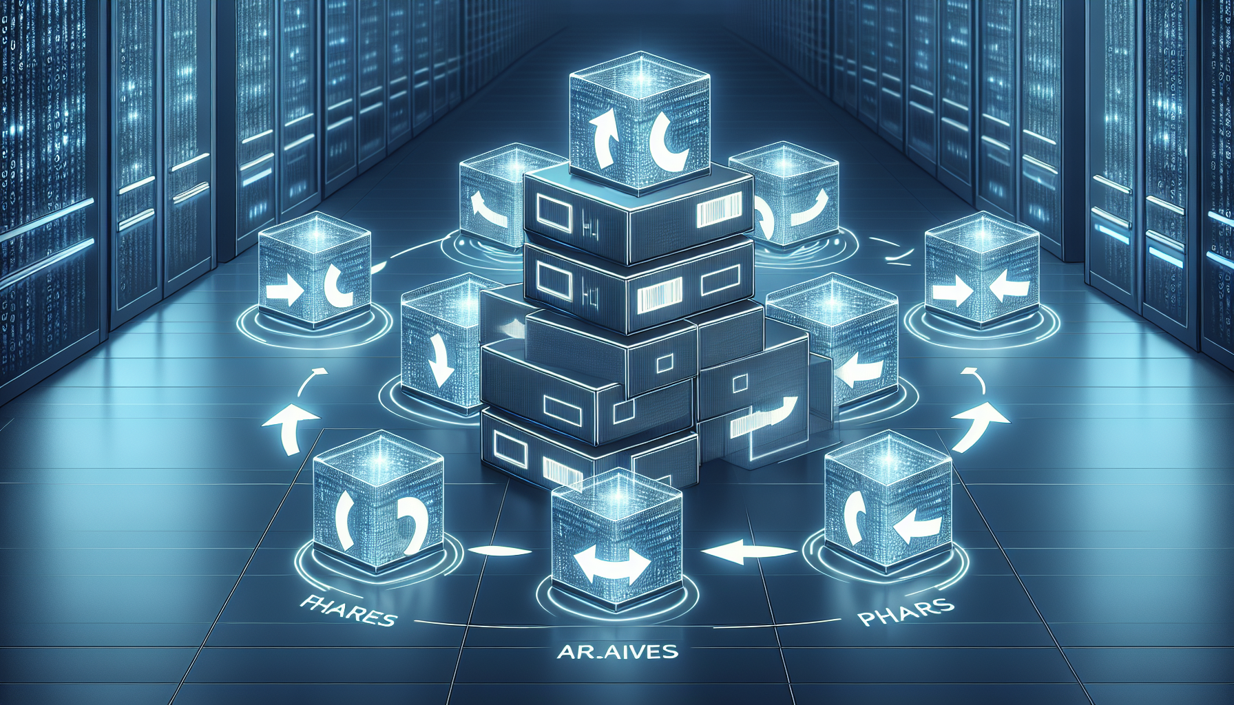 Draw an image for a technology-themed article. You see several phar archives, symbolised as stacks of neatly arranged glowing cubes. Each stack is encircled with arrows showing a circular motion to symbolise the self updating process. To the background, show subtle binary code (zeros and ones) to signify that these are software applications. The setting is a streamlined, sleek, and futuristic work environment. No people or brand logos should be in the image.