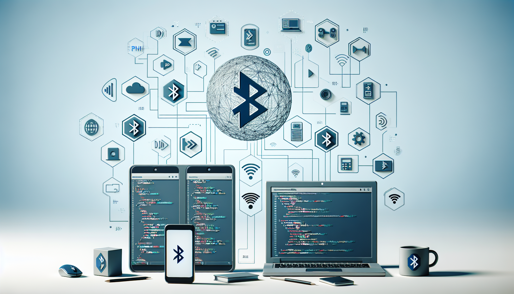 Create an image illustrating the concept of managing device communication using PHP and Bluetooth. It should feature a symbolic representation of PHP language using generic symbols, and a Bluetooth symbol indicating communication. Include devices such as a laptop and a smartphone, both displaying abstract, non-branded software interfaces representative of PHP coding and Bluetooth connectivity. All these elements should be portrayed without any textual content. The environment should be minimal, clean, and professional, devoid of any human presence. No brand names, logos, or textual elements should be present in the image.